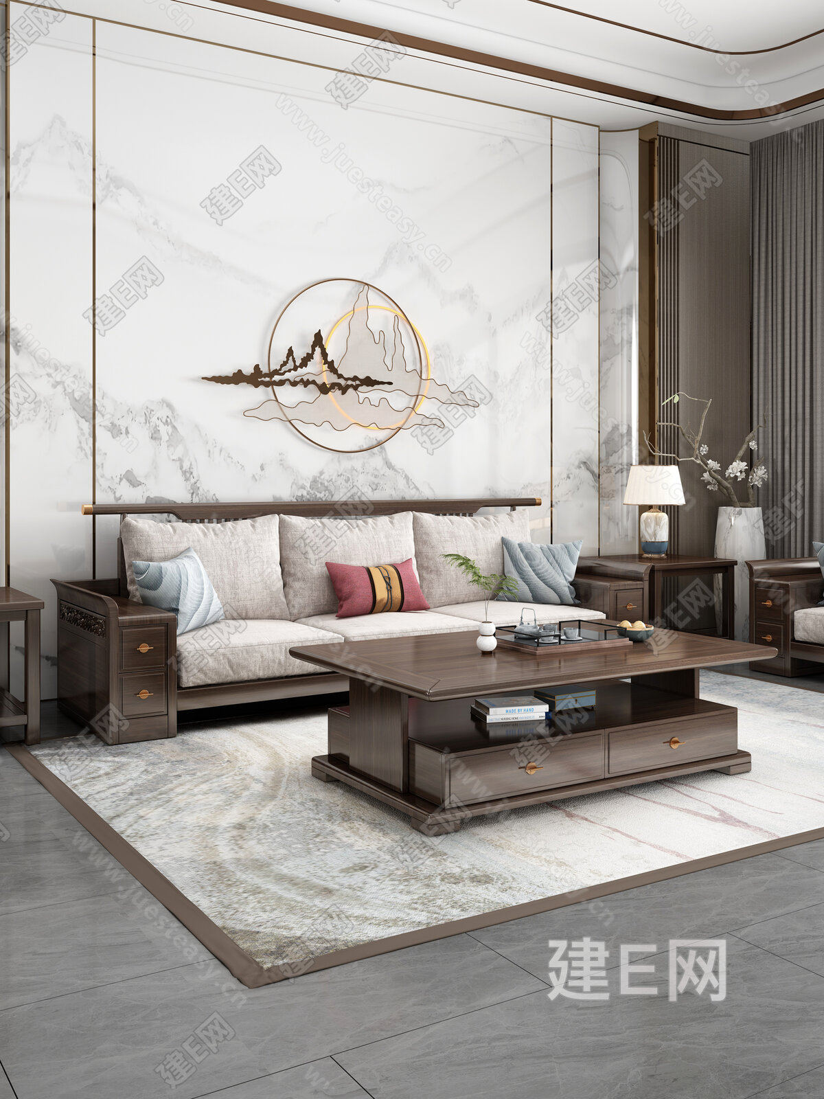 【新中式客厅3d模型】建e网_新中式客厅3d模型下载[ID:103438766]_打造3d新中式客厅模型免费下载平台
