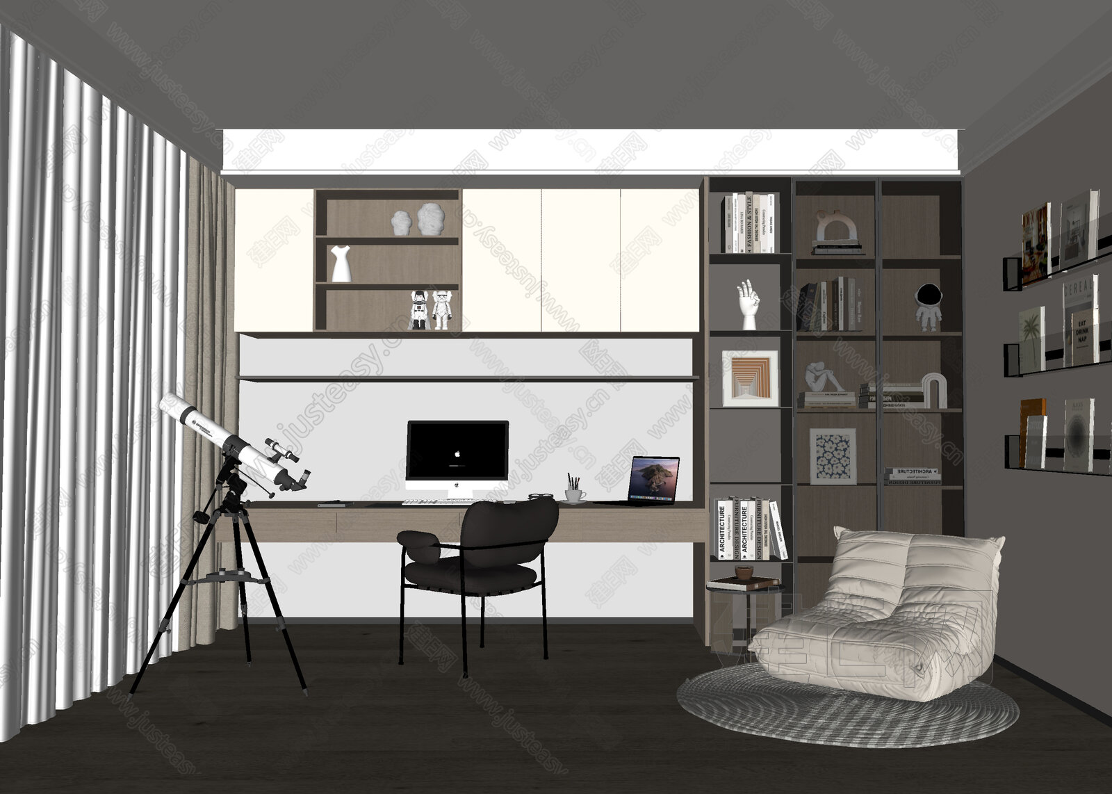 现代书房模型SU模型下载[ID:106516828]_建e网su模型