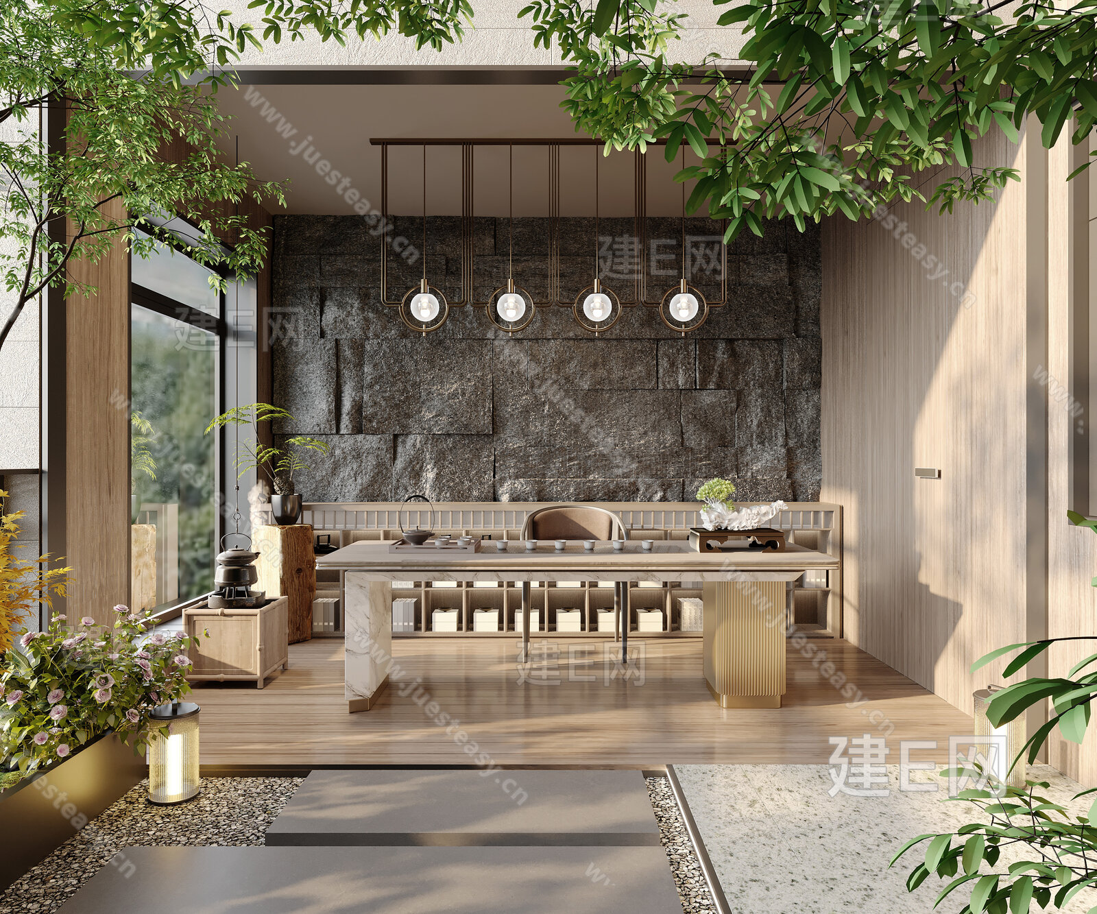 新中式茶室模型SU模型下载[ID:106975544]_建E室内设计网