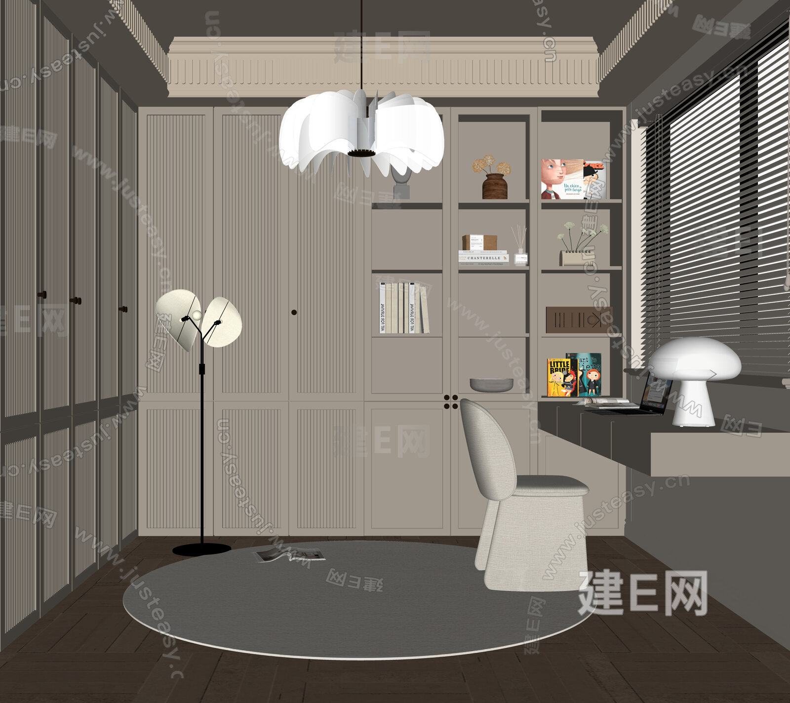 法式奶油书房模型SU模型下载[ID:107237684]_建E室内设计网