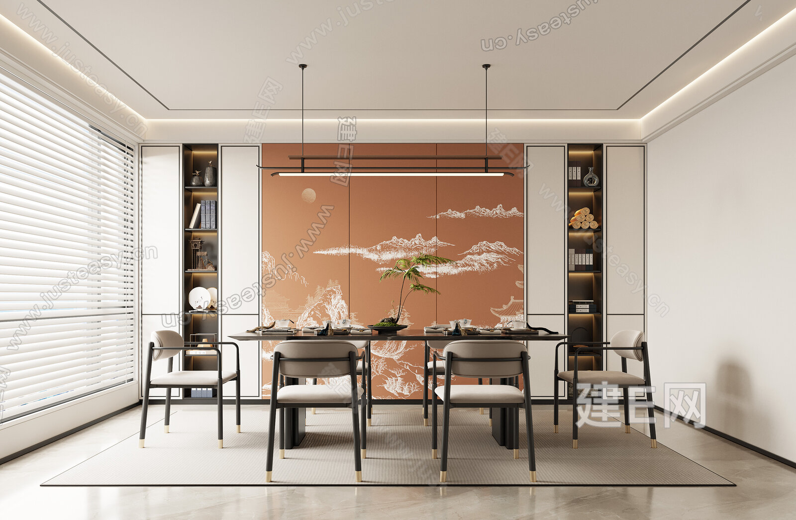 新中式禅意餐厅模型SU模型下载[ID:106975496]_建E室内设计网