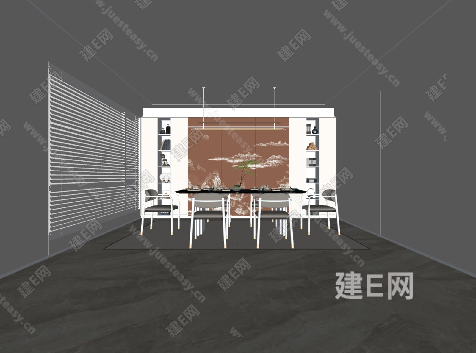 新中式禅意餐厅模型SU模型下载[ID:106975496]_建E室内设计网