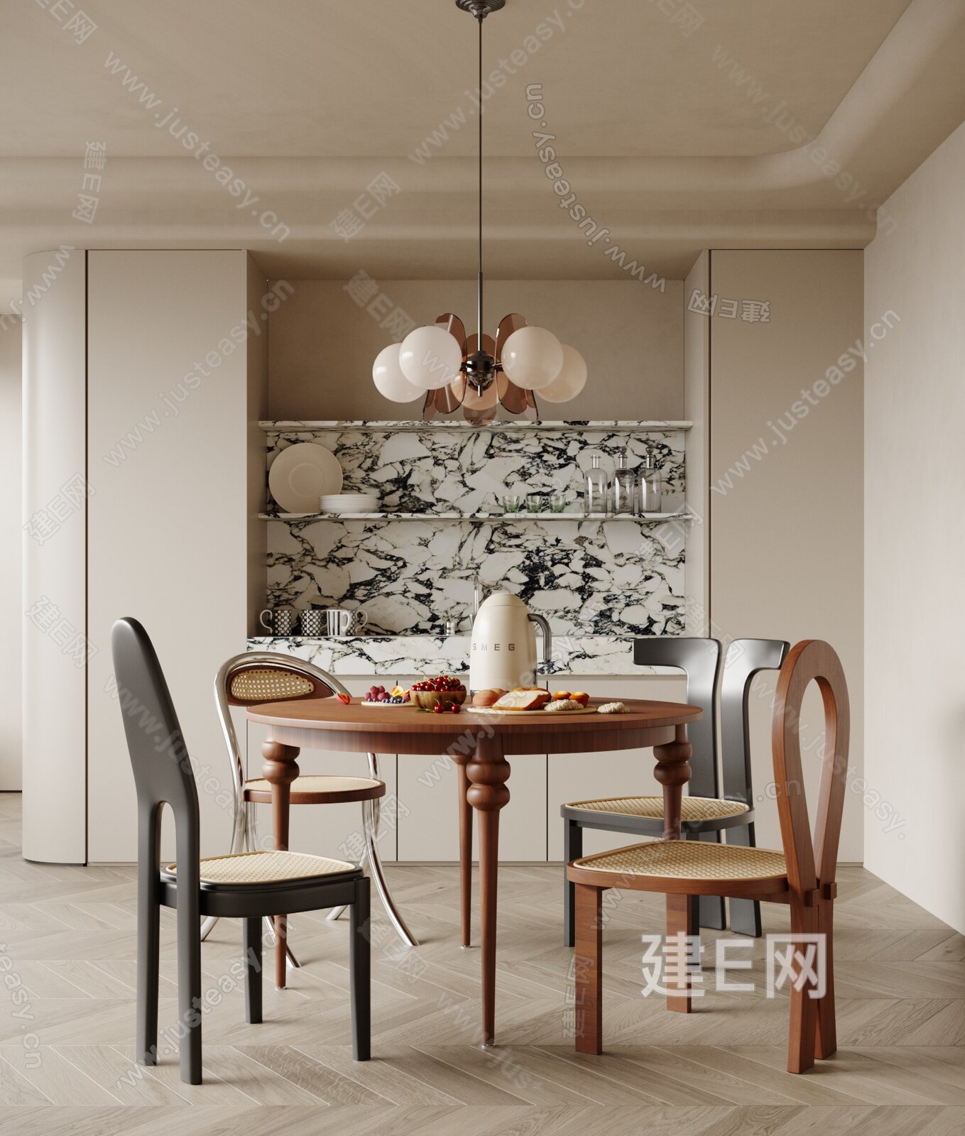 现代奶油风餐厅模型SU模型下载[ID:107106783]_建E室内设计网