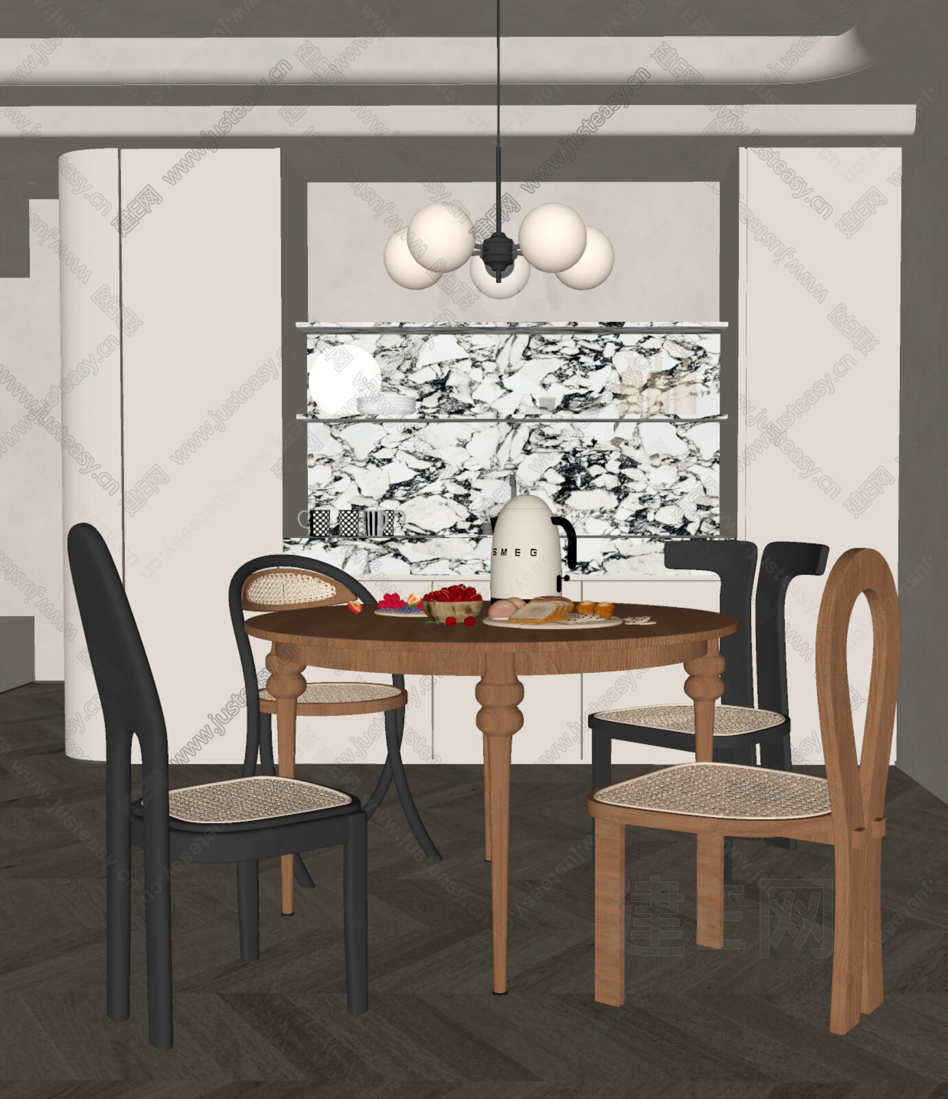 现代奶油风餐厅模型SU模型下载[ID:107106783]_建E室内设计网