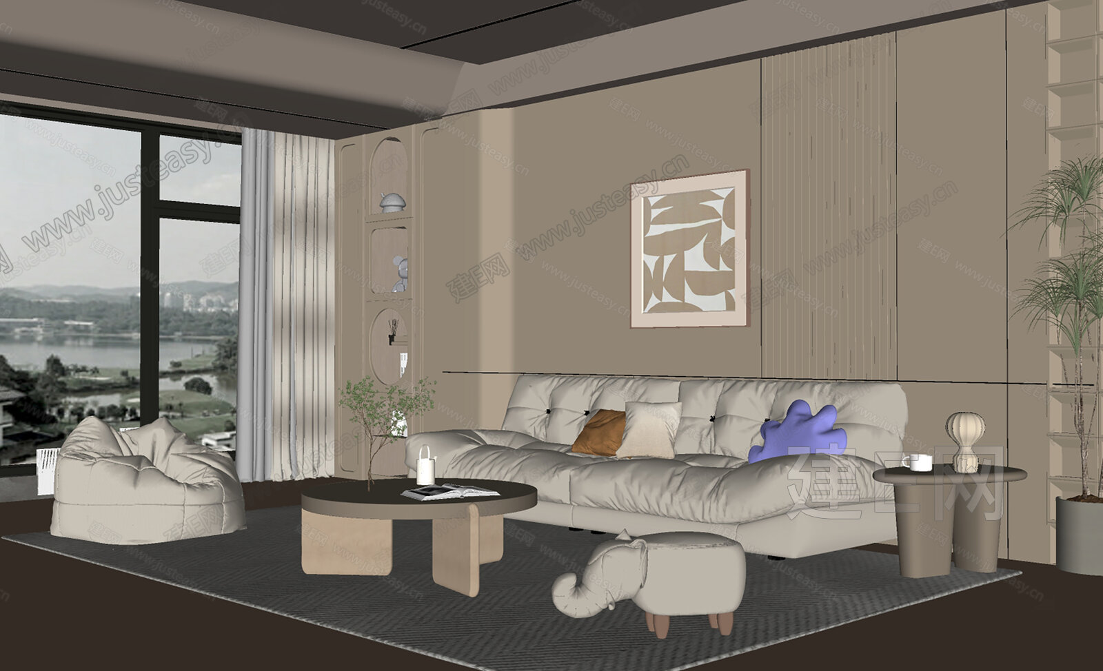 现代奶油风客厅模型SU模型下载[ID:107958734]_建E室内设计网