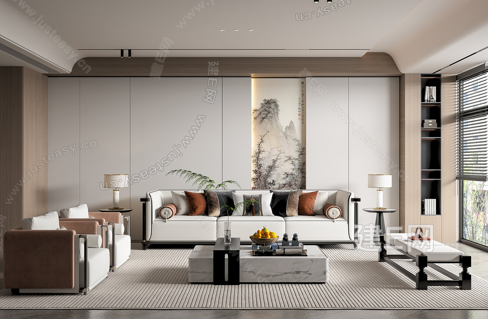 新中式客厅模型SU模型下载[ID:107565402]_建E室内设计网