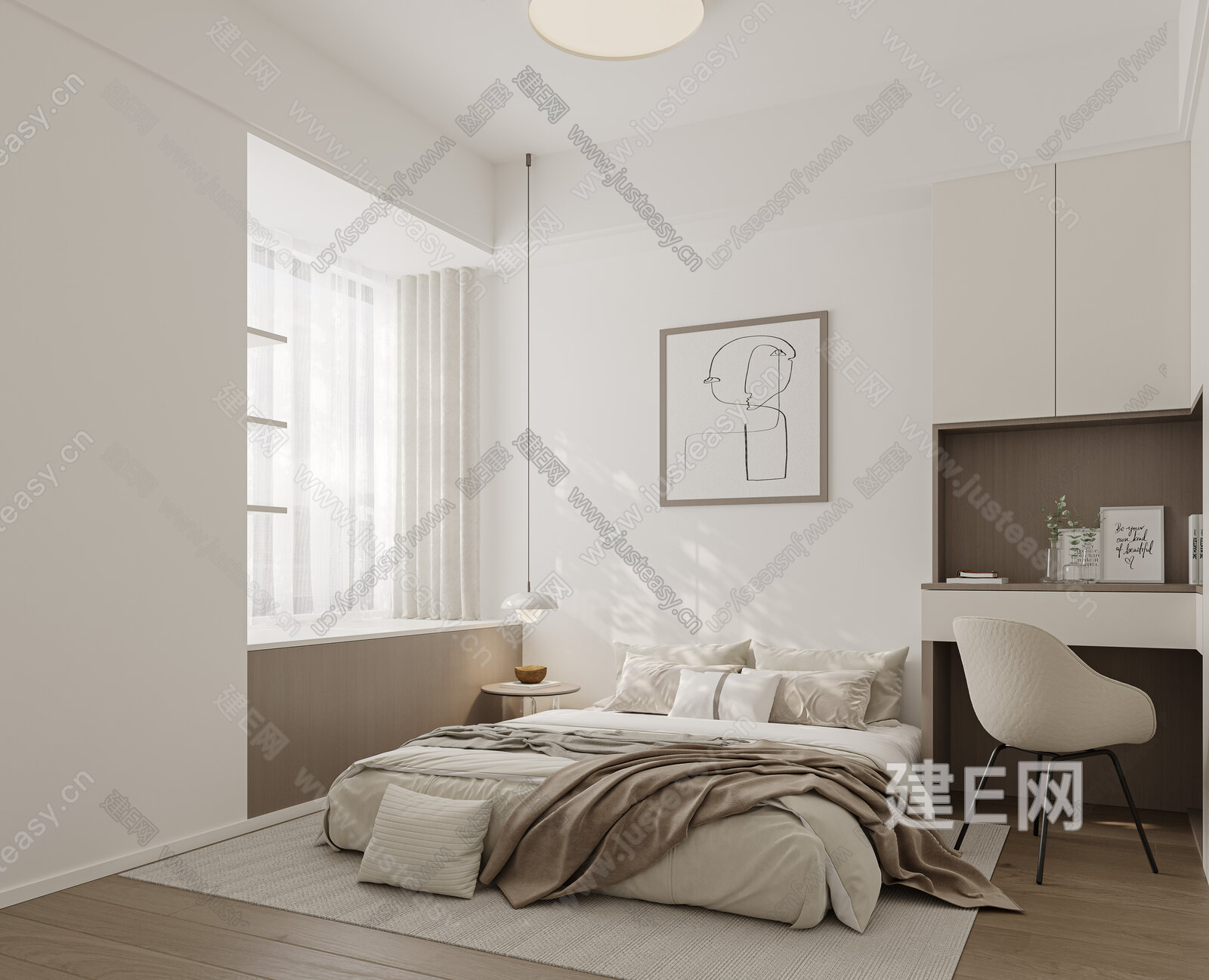 【现代奶油风卧室3d模型】建E网_现代奶油风卧室3d模型下载[ID:113465763]_打造3d现代奶油风卧室模型免费下载平台