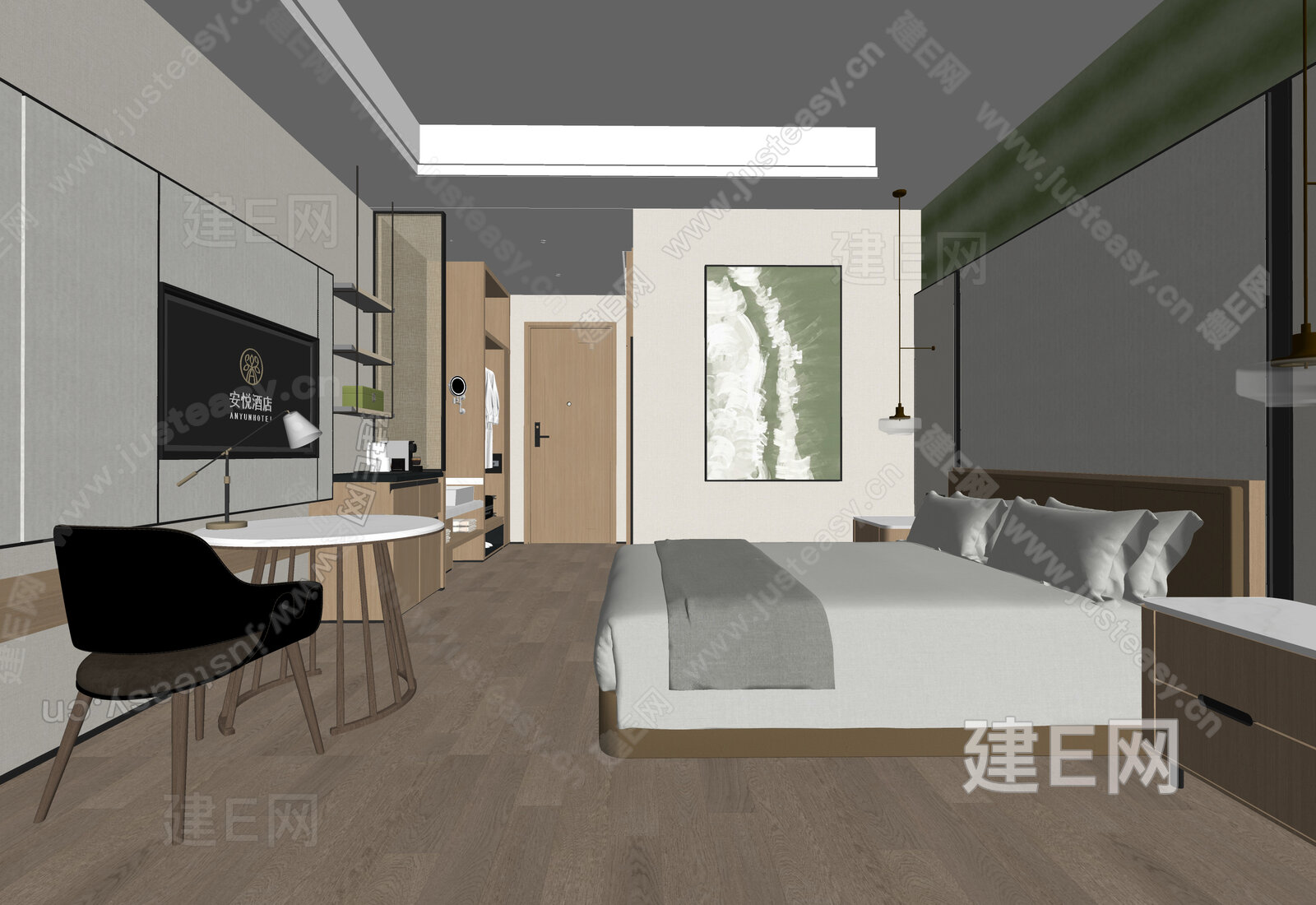 现代酒店客房模型SU模型下载[ID:108482853]_建E室内设计网