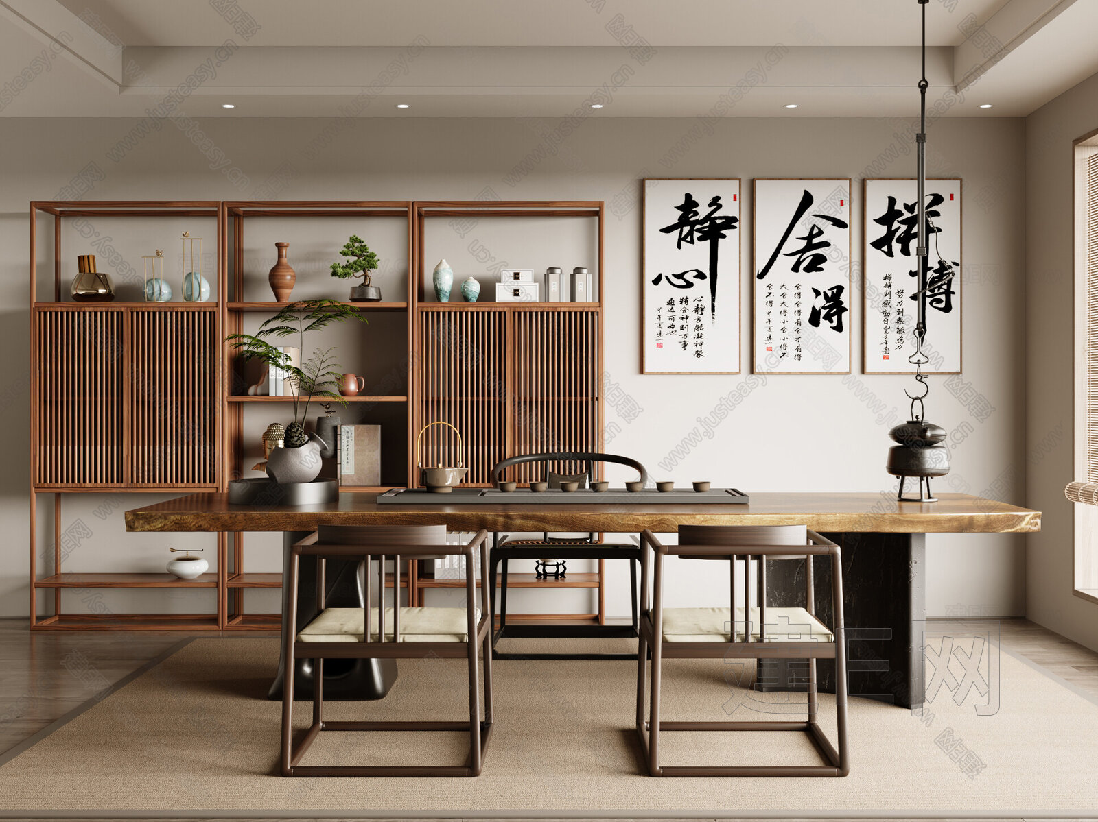 新中式茶桌椅组合模型SU模型下载[ID:108876115]_建E室内设计网