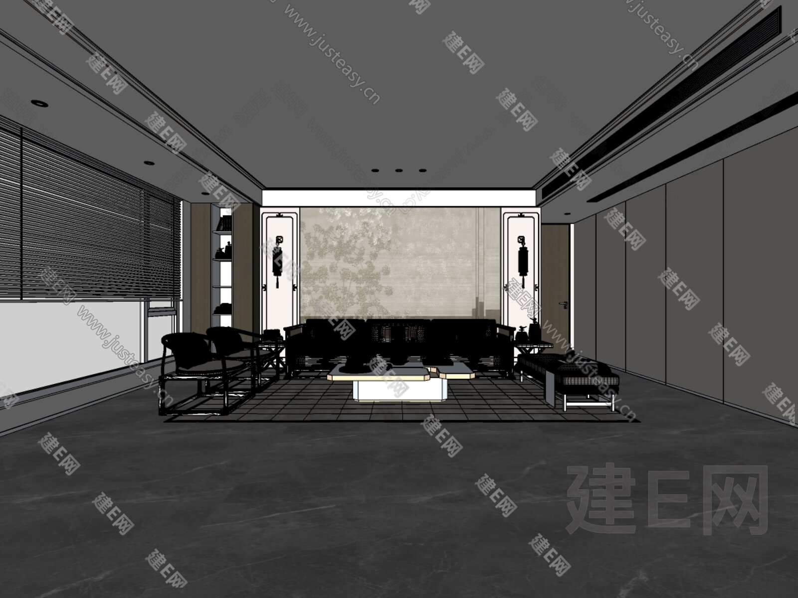 新中式禅意客厅模型SU模型下载[ID:108155231]_建E室内设计网