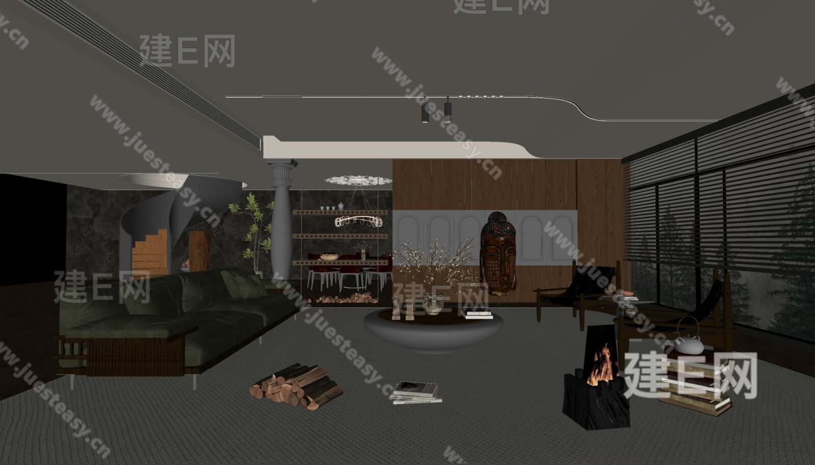现代中古风客餐厅模型SU模型下载[ID:108876249]_建E室内设计网