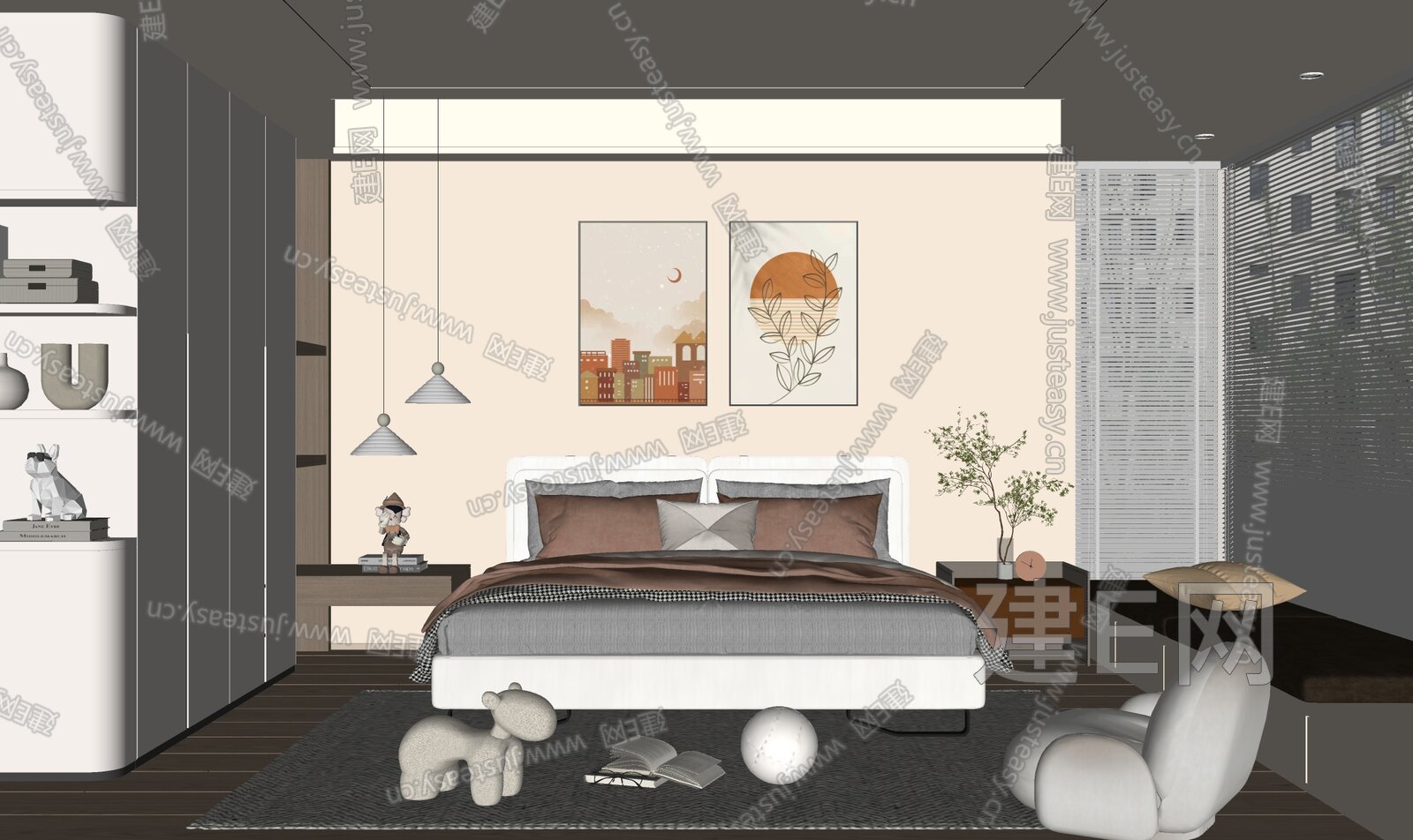 现代奶油风家居卧室模型SU模型下载[ID:108810601]_建E室内设计网