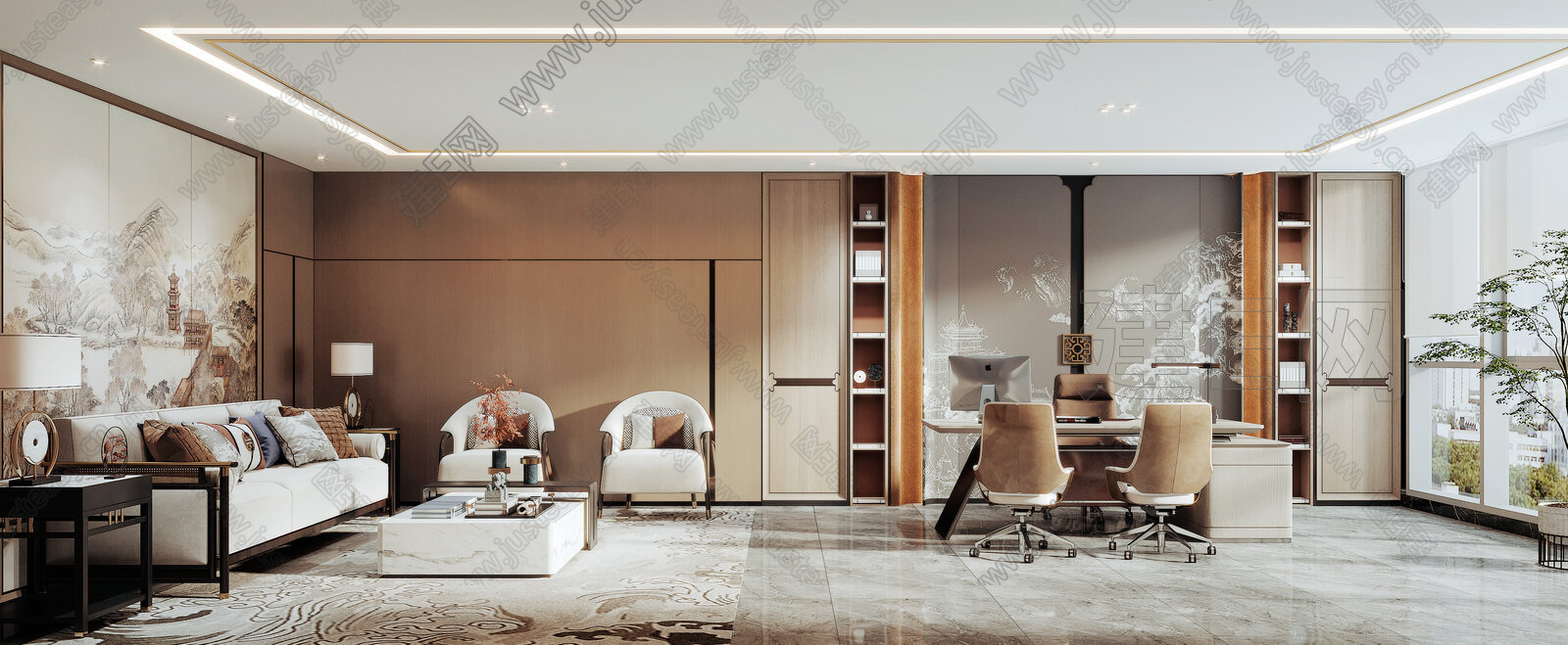 新中式经理办公室3d模型下载[ID:114448703]_建e网3d模型