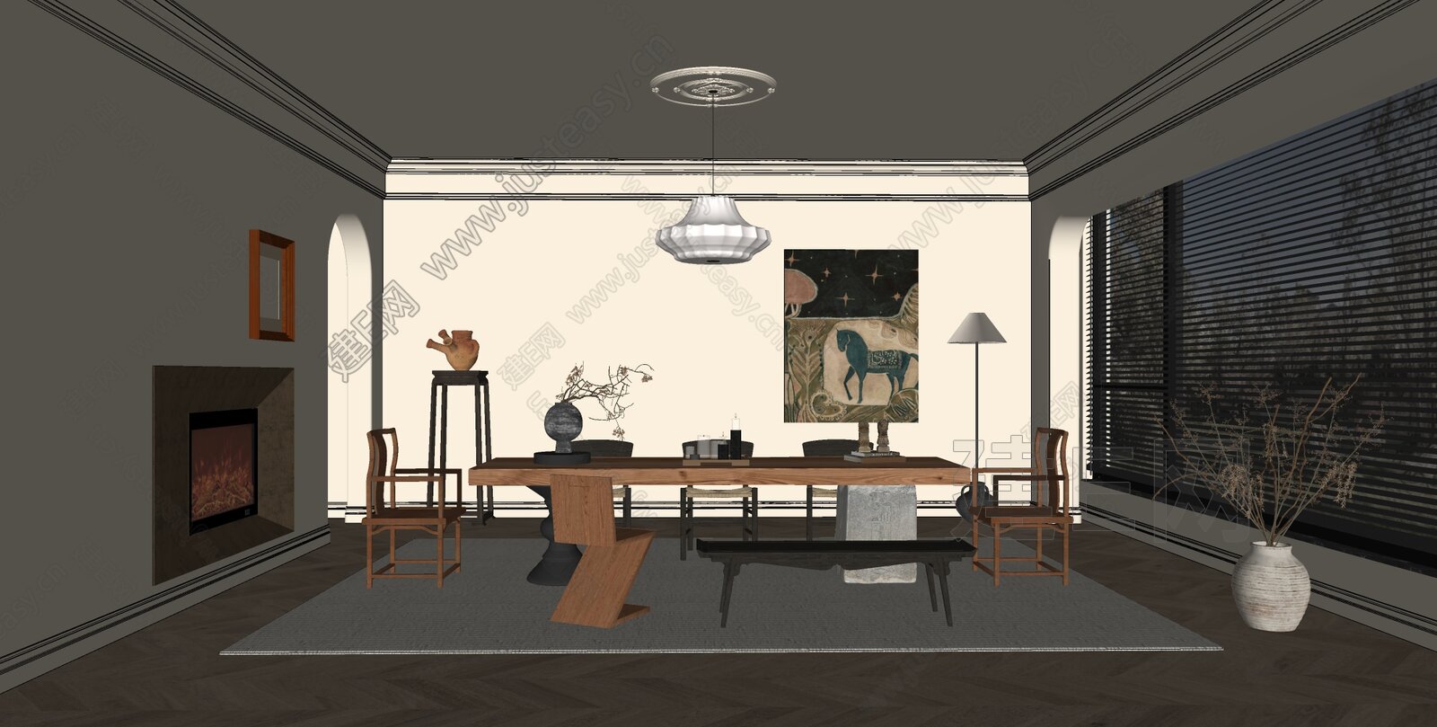 法式奶油风家居餐厅模型SU模型下载[ID:108548578]_建e网su模型