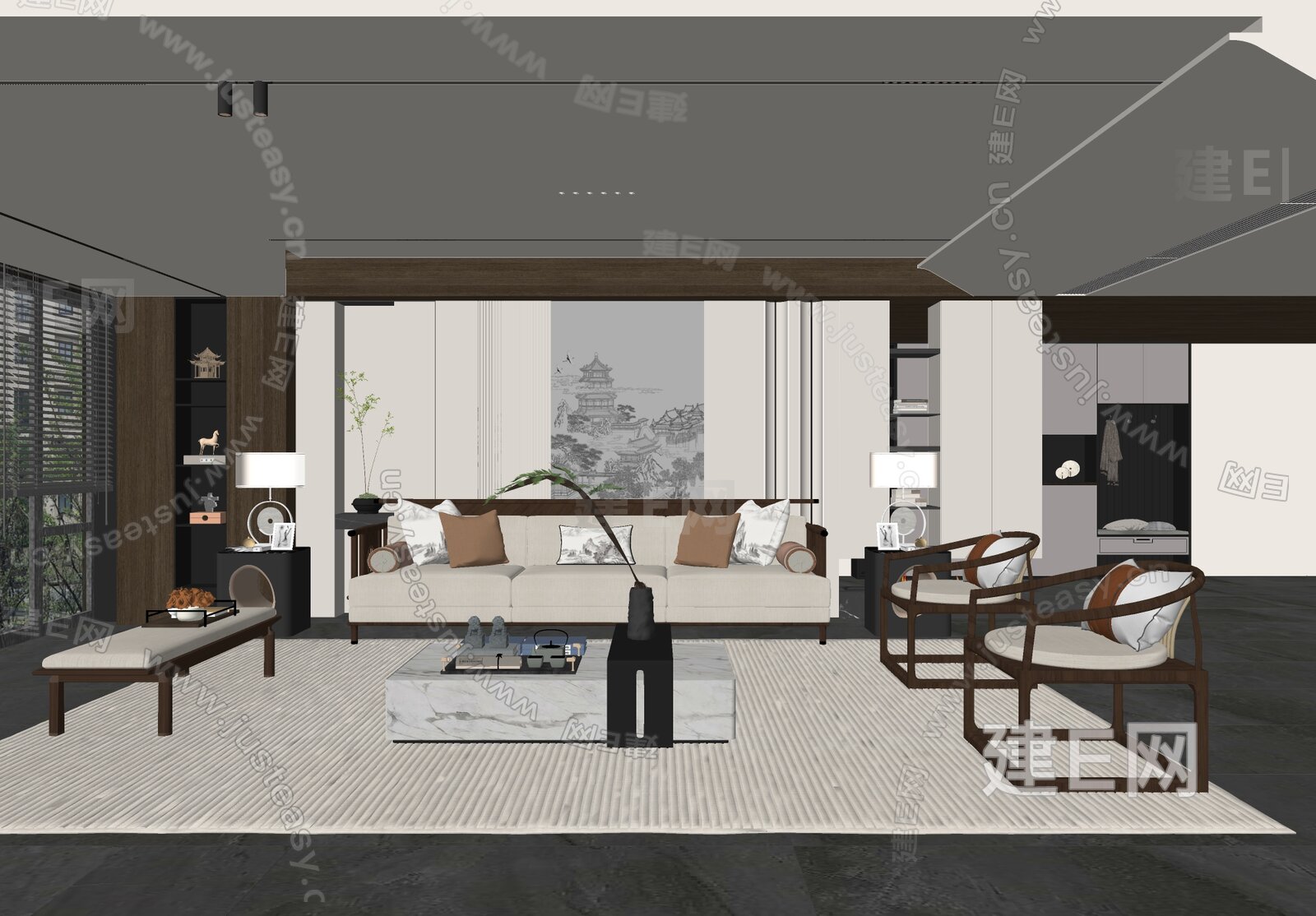 新中式客厅 模型SU模型下载[ID:108744970]_建E室内设计网
