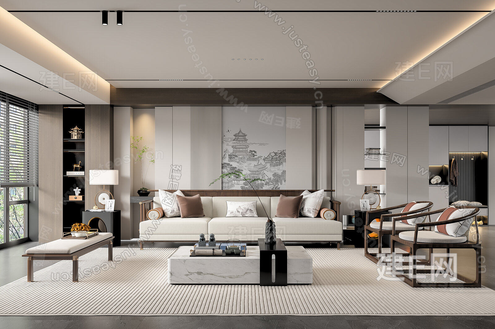 新中式客厅 模型SU模型下载[ID:108744970]_建E室内设计网