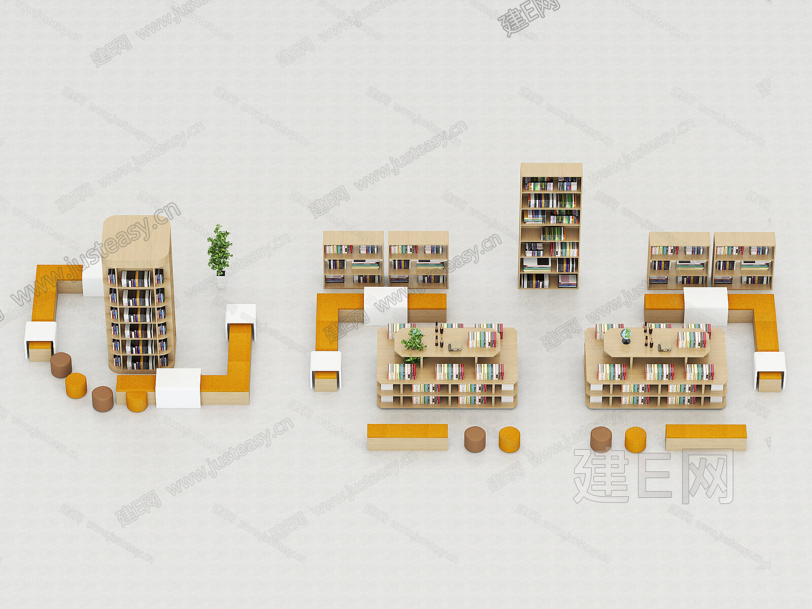 现代图书馆书架 模型SU模型下载[ID:108679607]_建E室内设计网