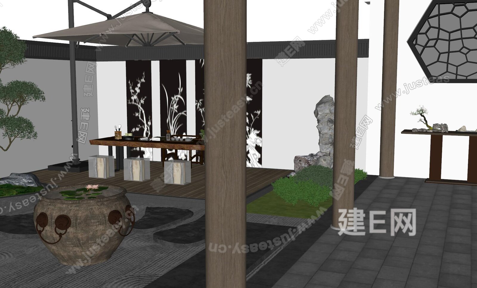 新中式庭院SU模型下载[ID:101077353]，新中式庭院，SU模型下载