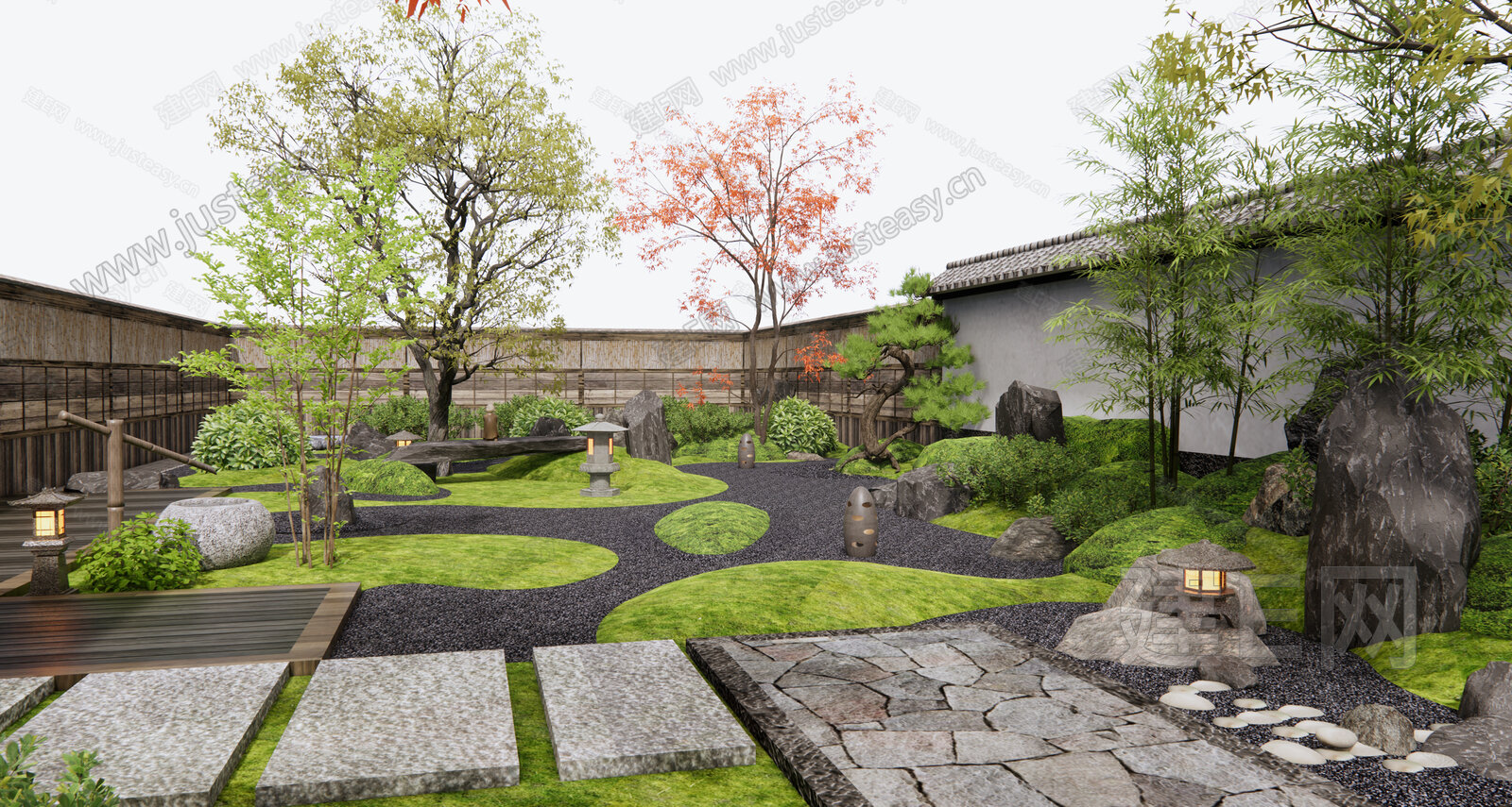 日式枯山石庭院景观模型SU模型下载[ID:100684249]_建E室内设计网