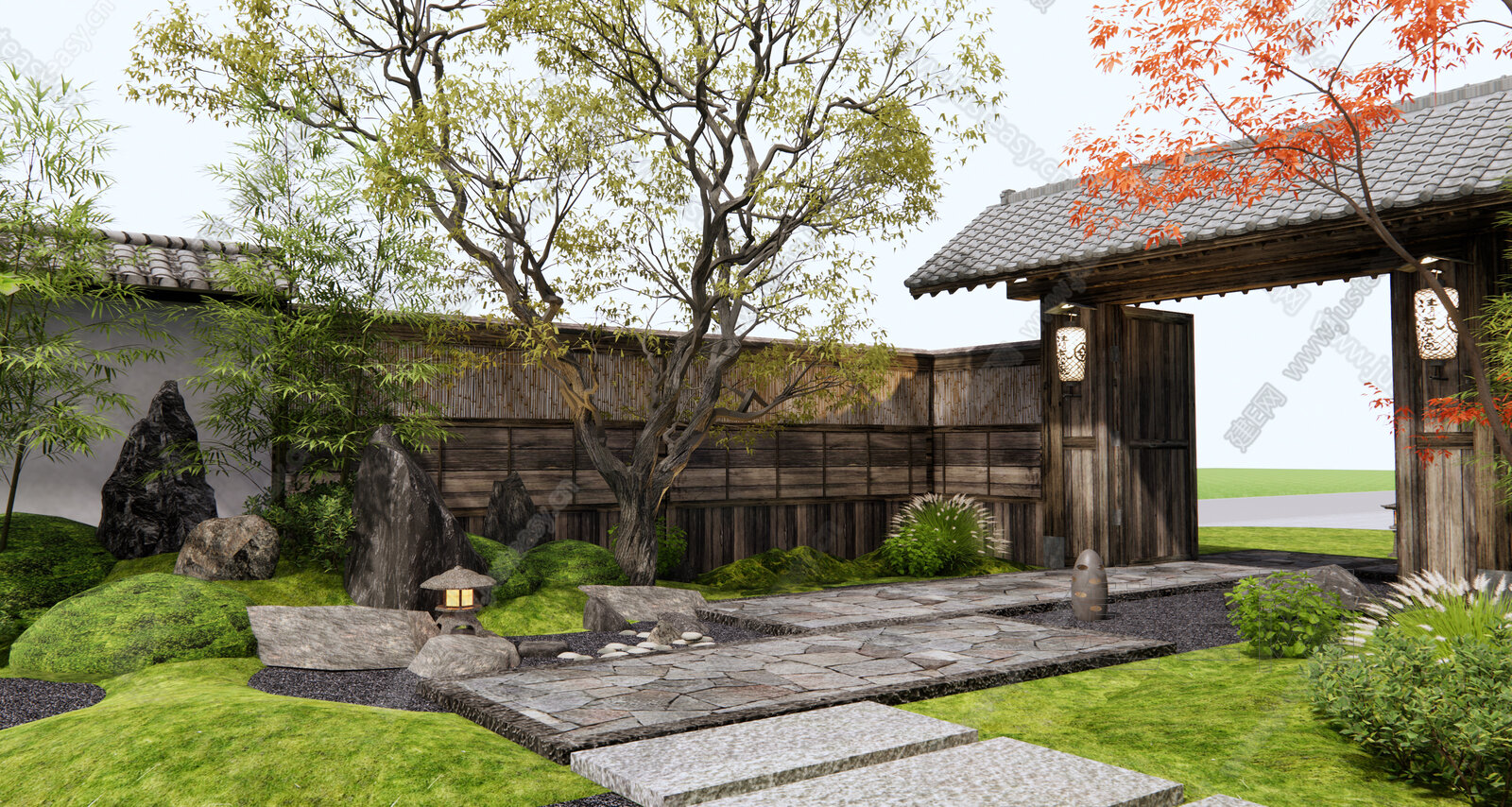 日式枯山石庭院景观模型SU模型下载[ID:100684249]_建E室内设计网