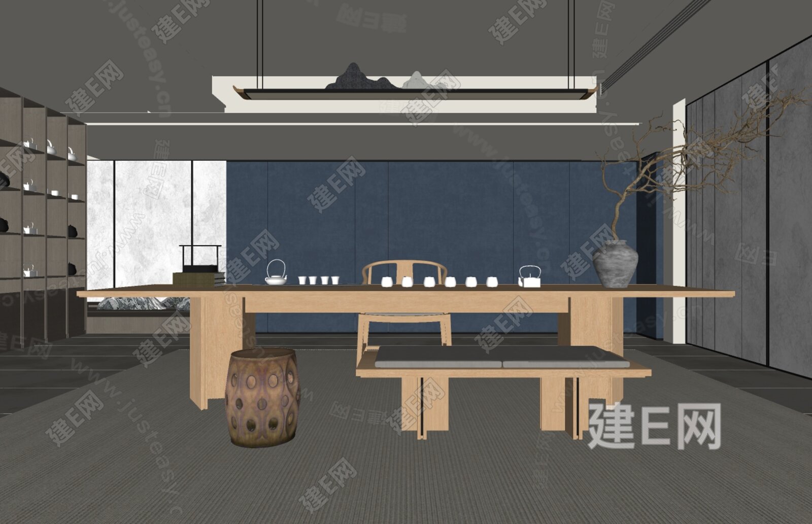 新中式茶室模型SU模型下载[ID:100880864]_建E室内设计网