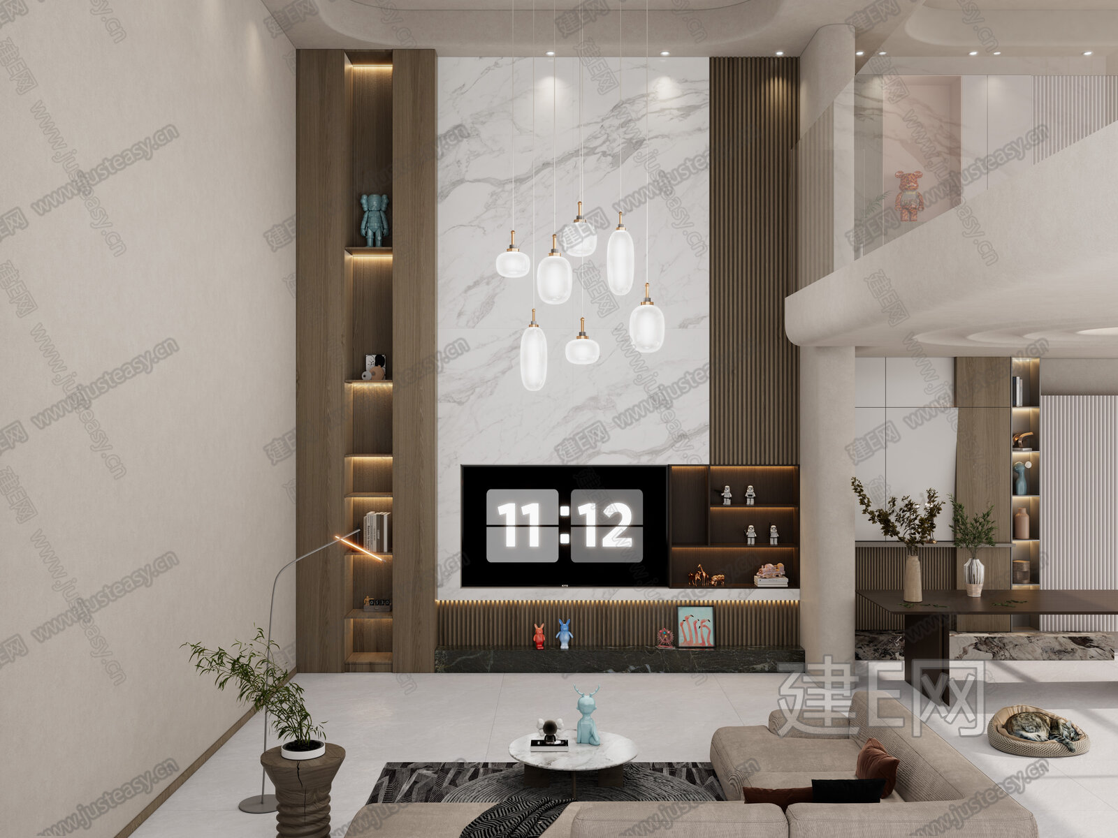 现代轻奢奶油风别墅客厅模型SU模型下载[ID:100815156]_建E室内设计网