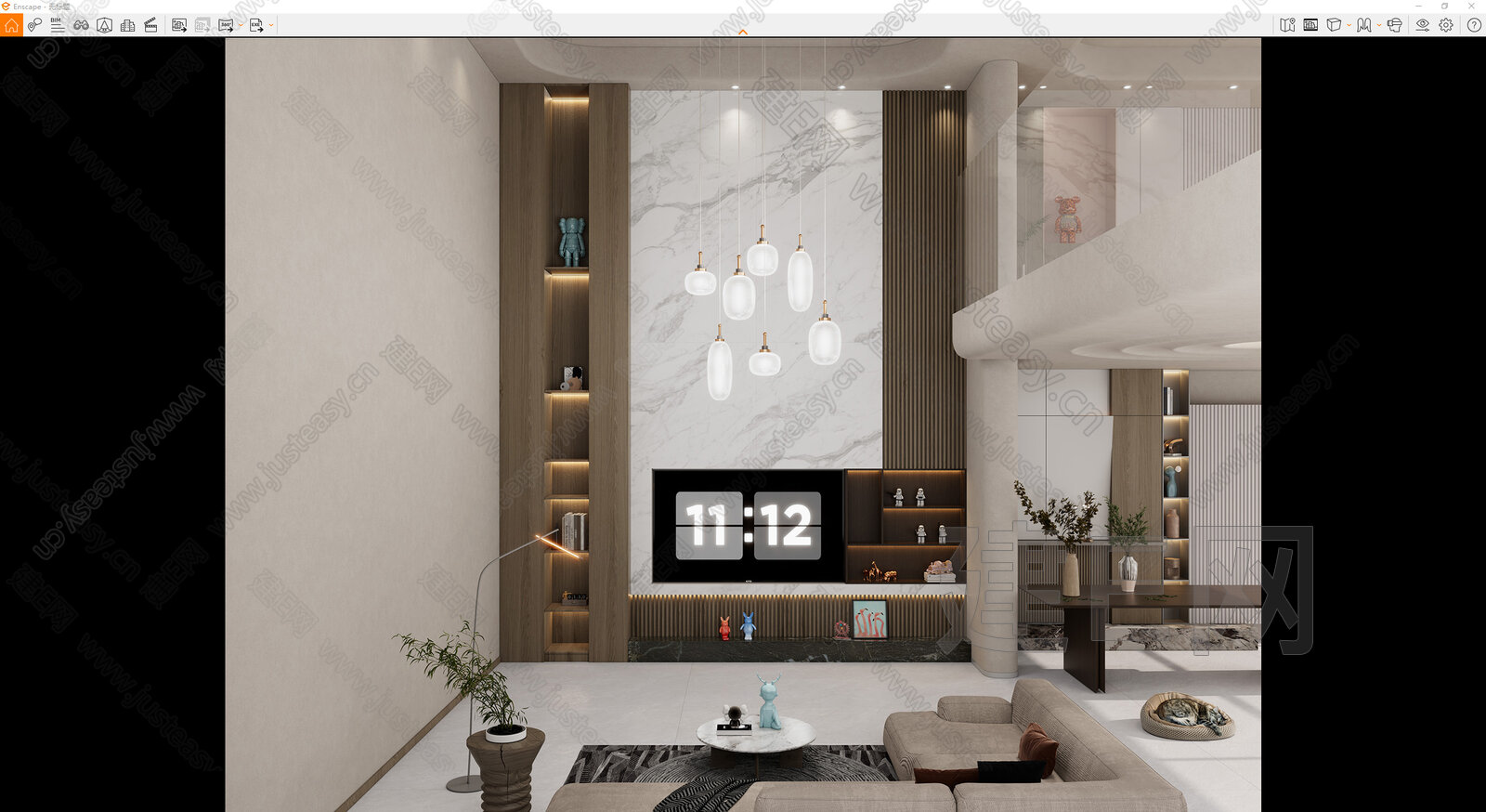 现代轻奢奶油风别墅客厅模型SU模型下载[ID:100815156]_建E室内设计网