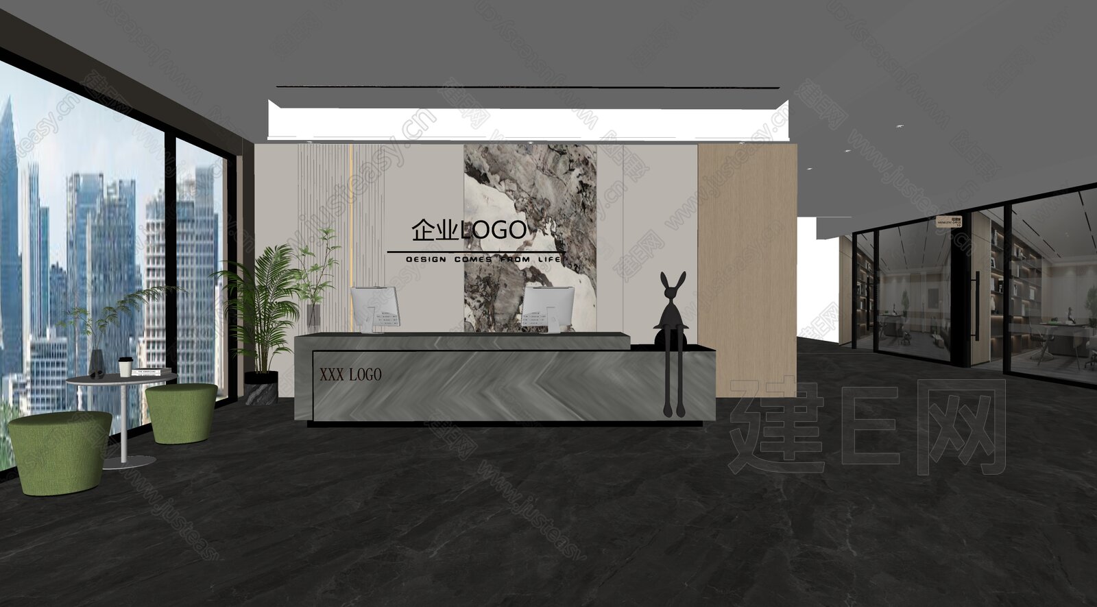 现代公司前台模型SU模型下载[ID:101470472]_建E室内设计网