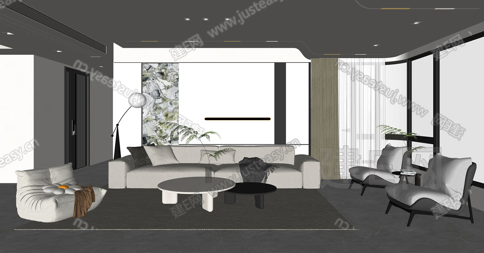 现代客厅模型SU模型下载[ID:101405038]_建E室内设计网