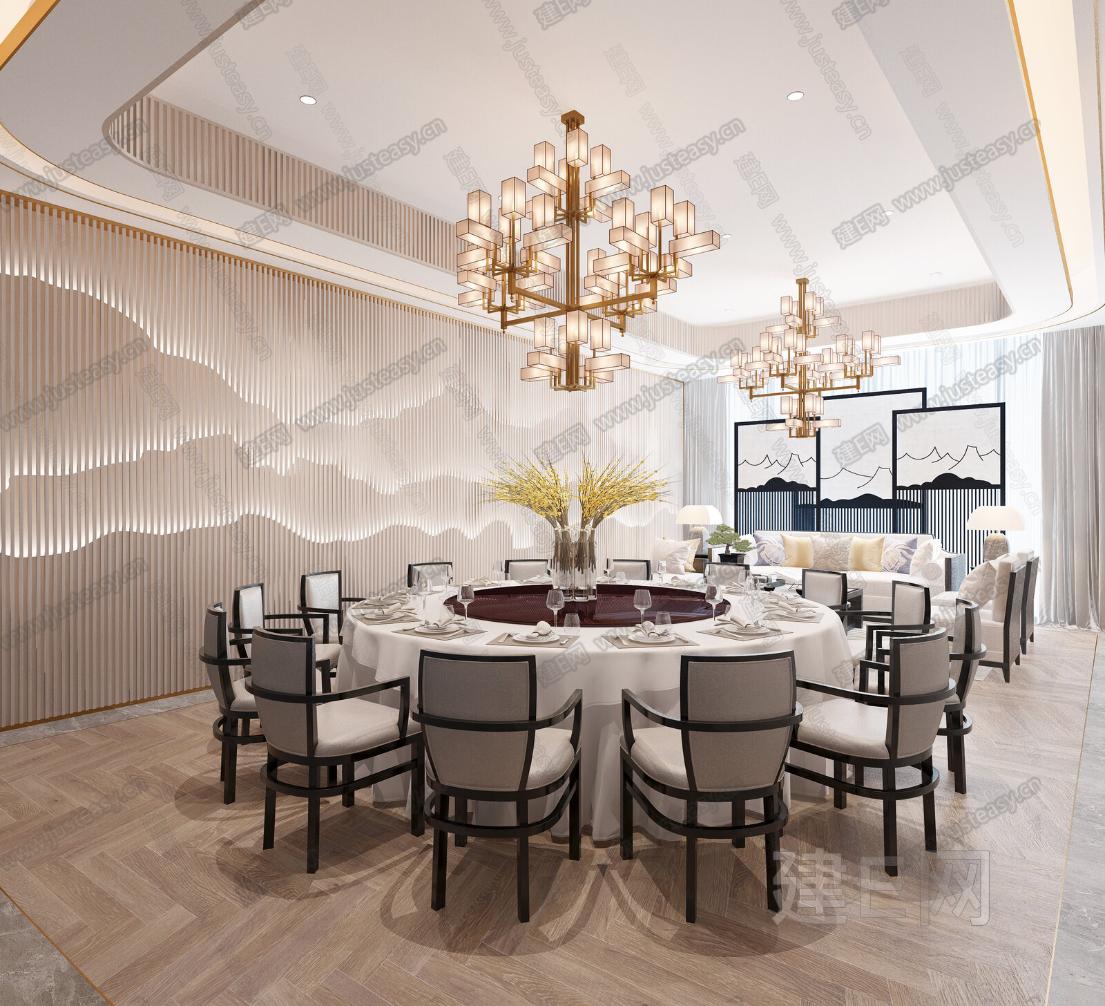 【新中式餐厅包厢包间3d模型】建e网_新中式餐厅包厢包间3d模型下载[ID:117397807]_打造3d新中式餐厅包厢包间模型免费下载平台