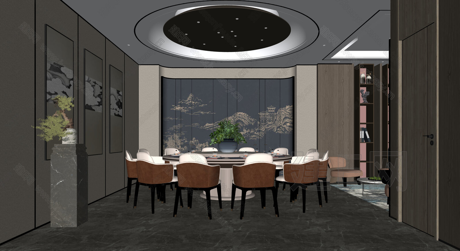 新中式包厢包间模型SU模型下载[ID:105336247]_建E室内设计网