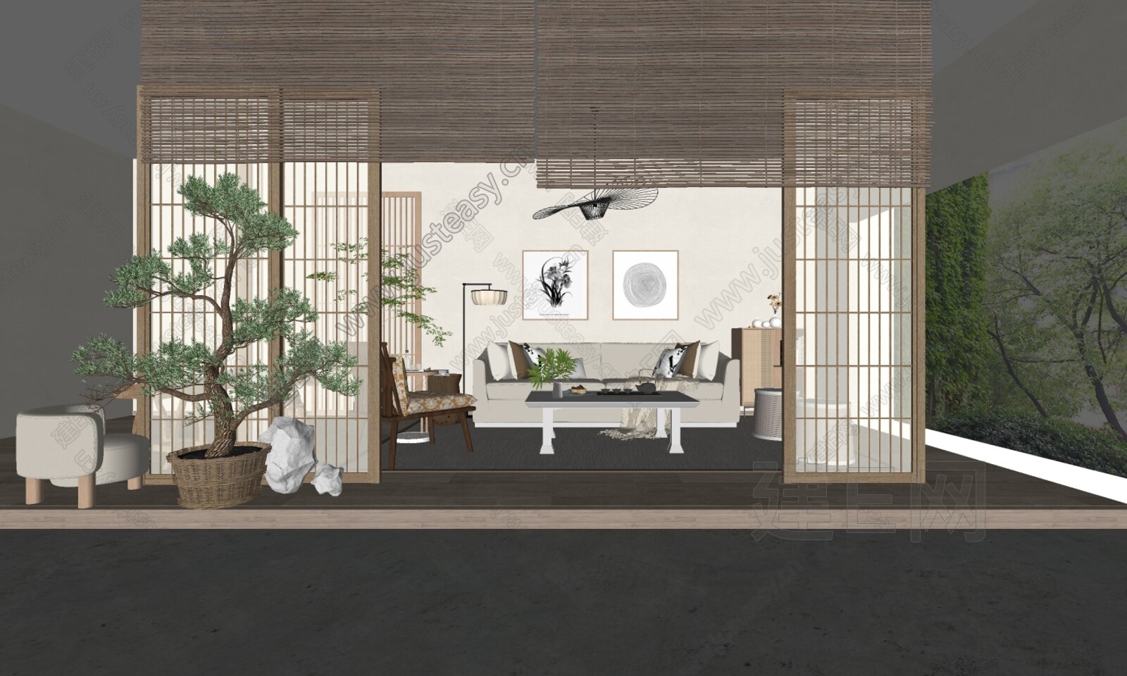 日式客厅模型SU模型下载[ID:101929236]_建E室内设计网
