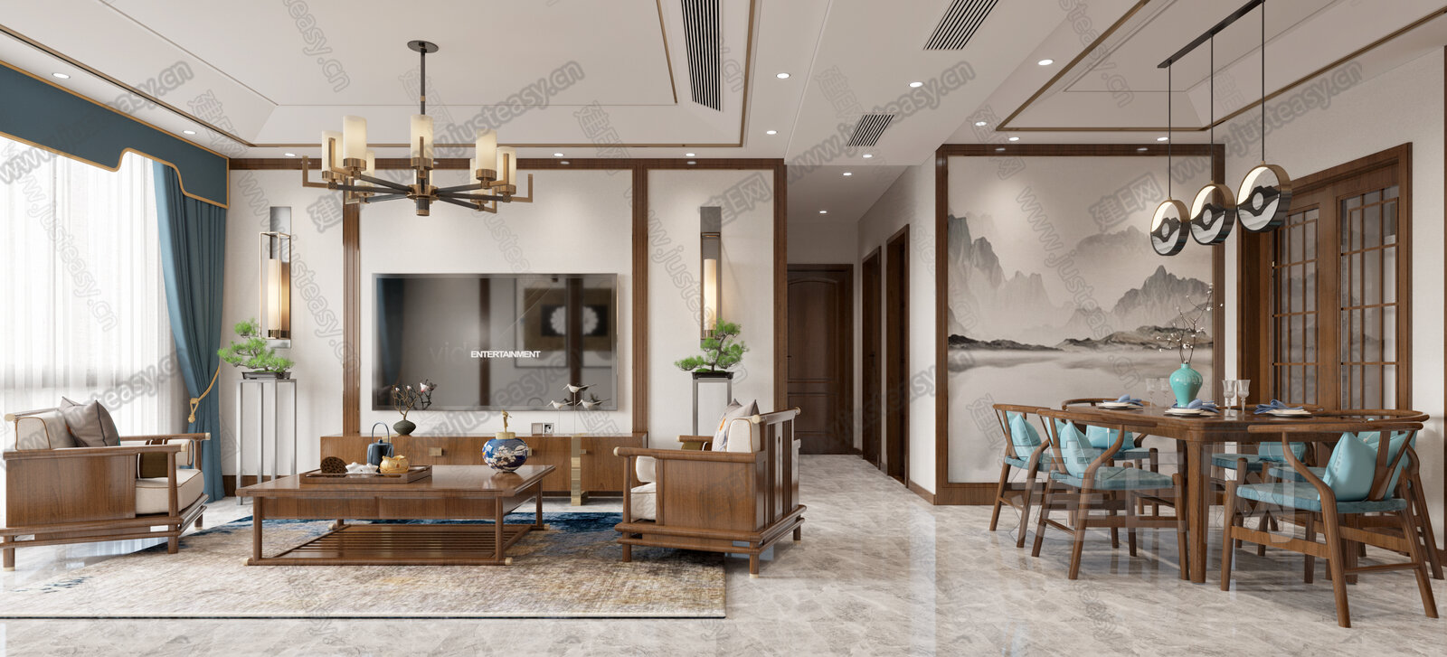 【新中式客餐厅3d模型】建e网_新中式客餐厅3d模型下载[ID:109205884]_打造3d新中式客餐厅模型免费下载平台