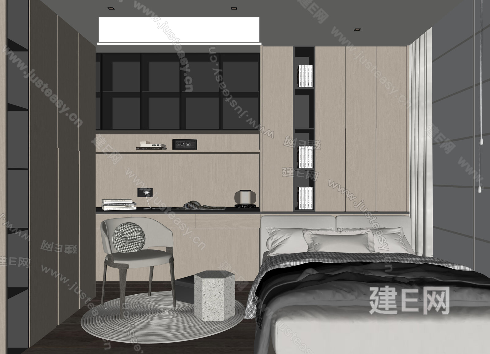 现代榻榻米卧室模型SU模型下载[ID:102388111]_建E室内设计网