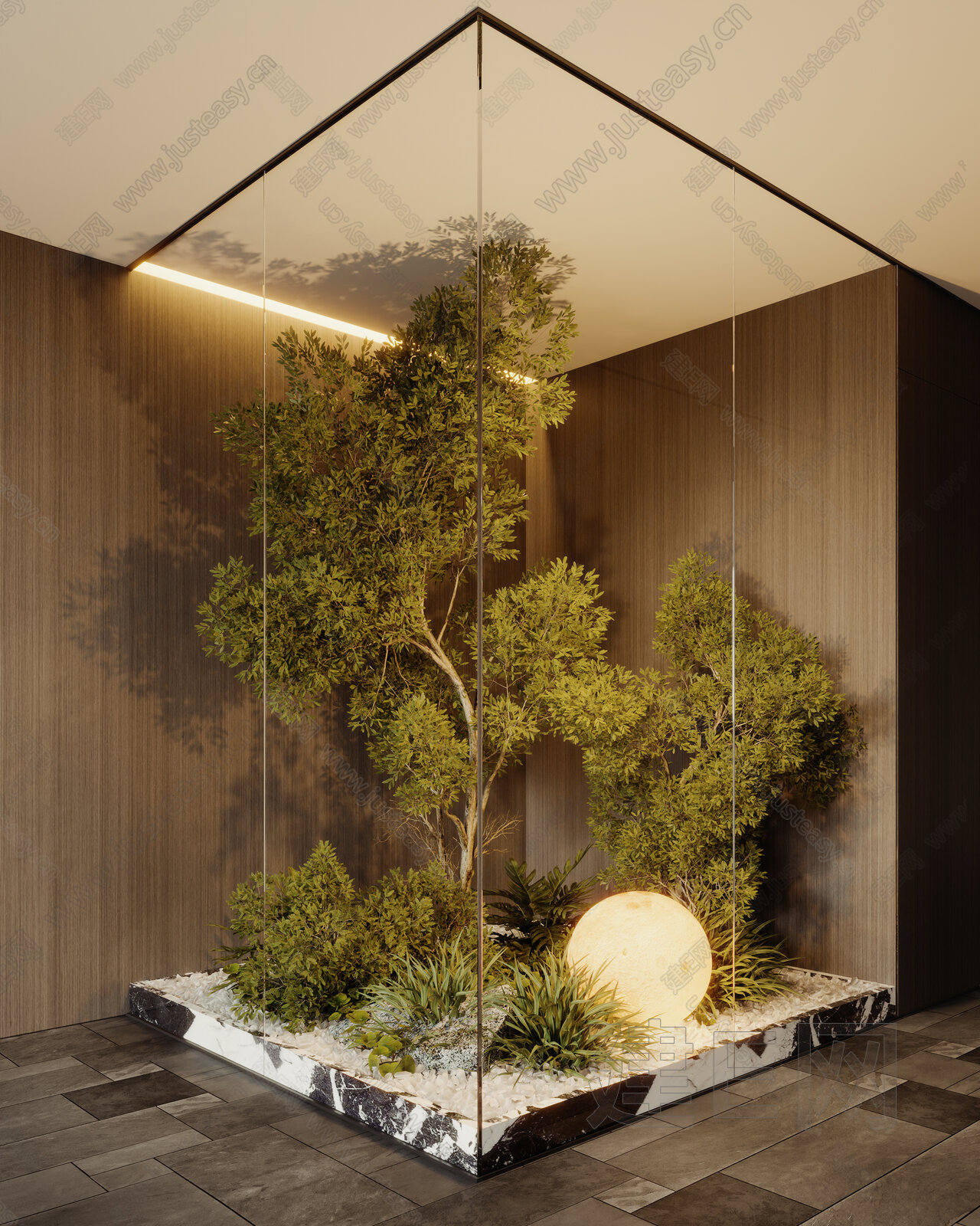 现代室内玻璃景观造景模型SU模型下载[ID:102846831]_建e网su模型