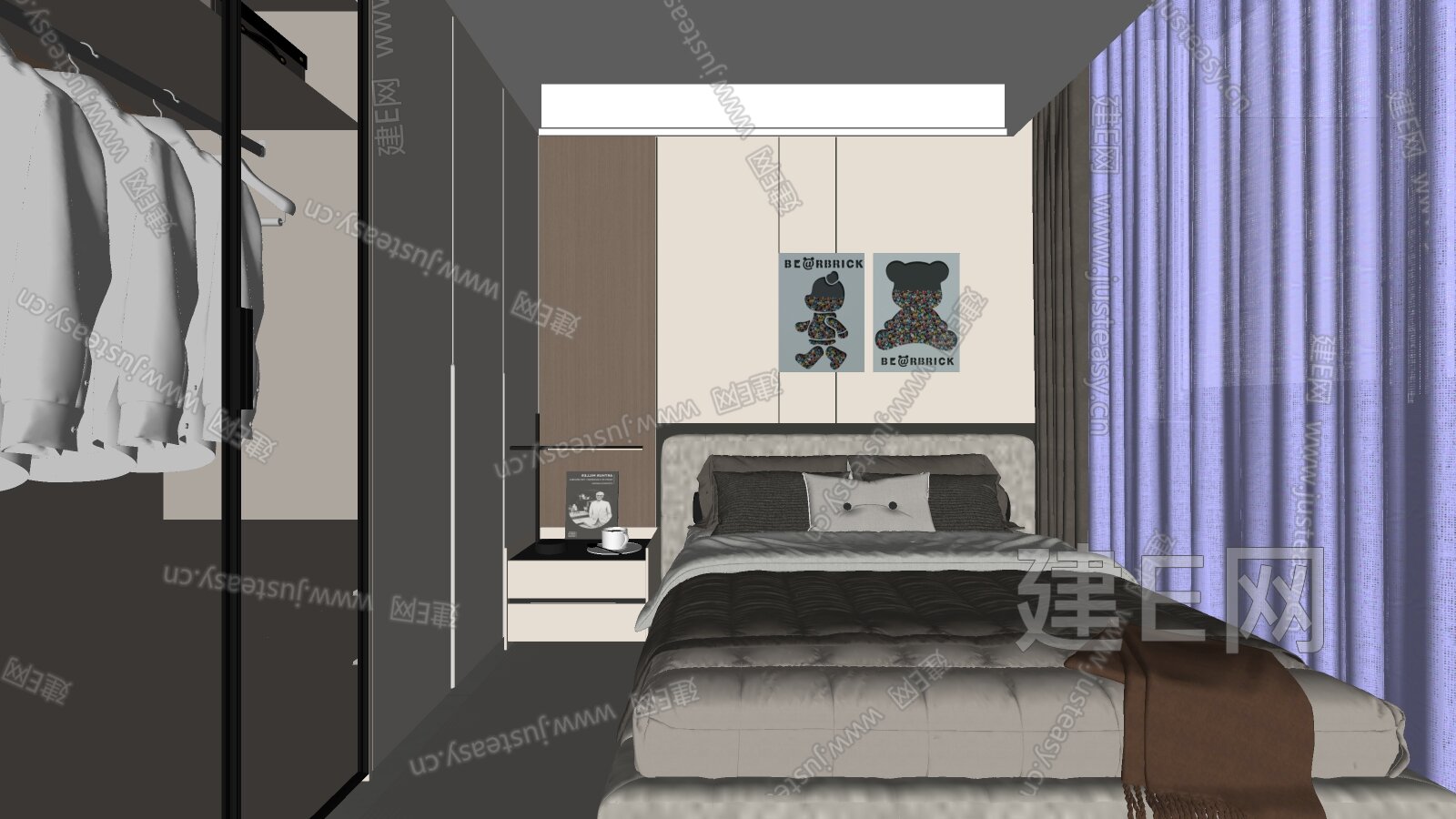现代次卧模型SU模型下载[ID:103174477]_建E室内设计网