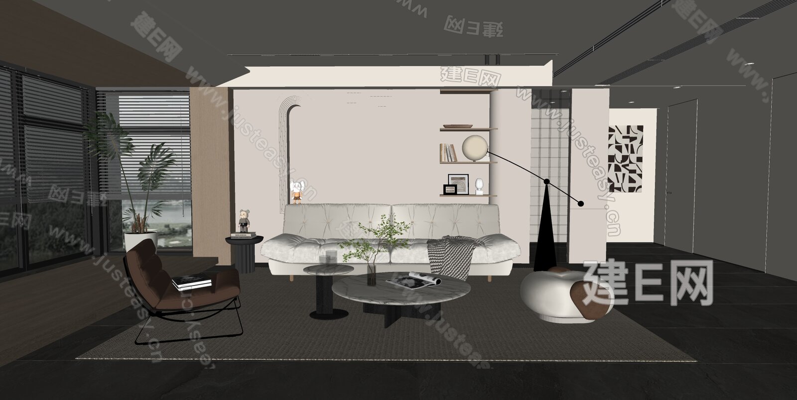 现代奶油风客厅模型SU模型下载[ID:102846794]_建E室内设计网