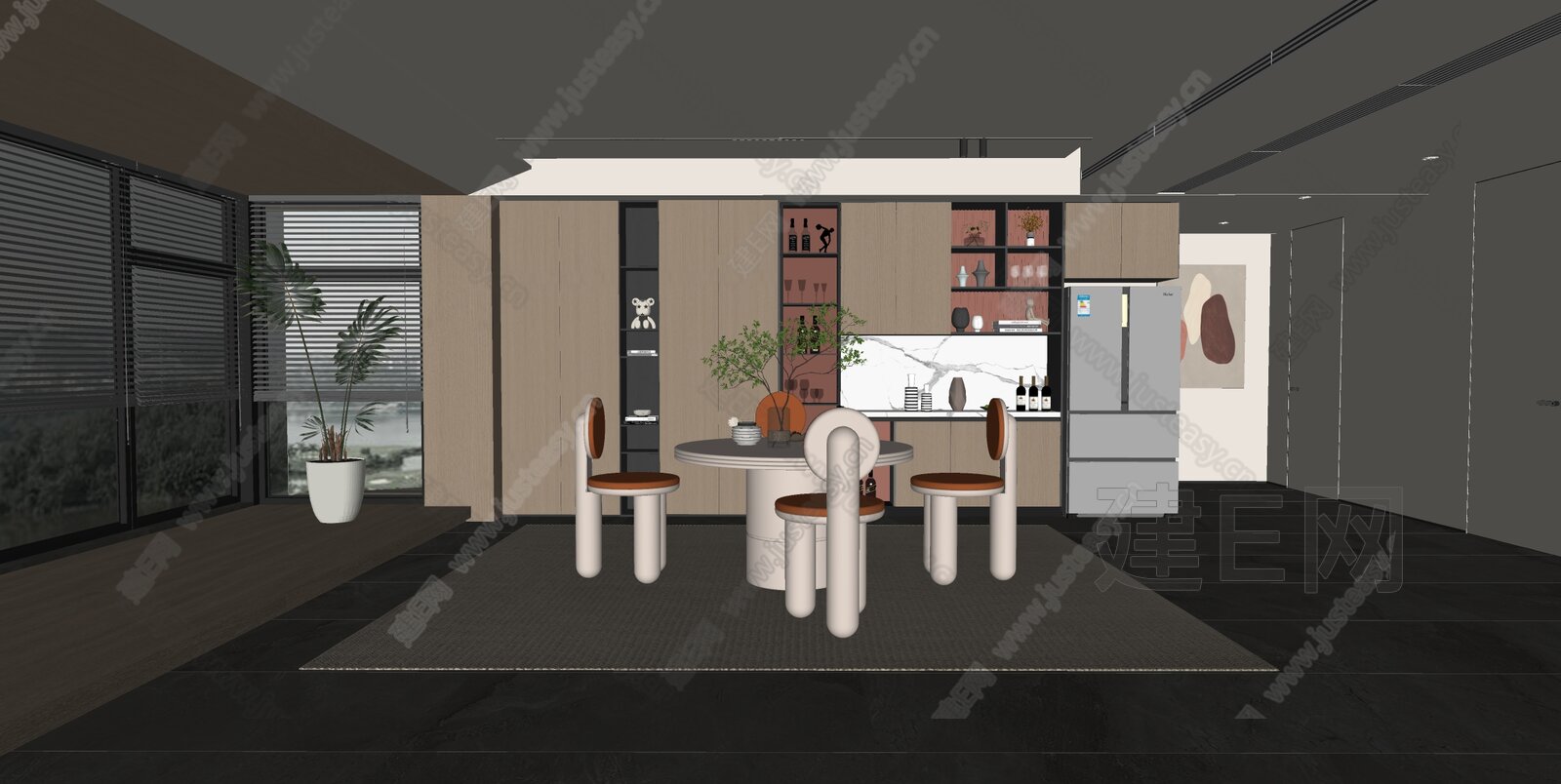 现代奶油风餐厅模型SU模型下载[ID:102846893]_建e网su模型