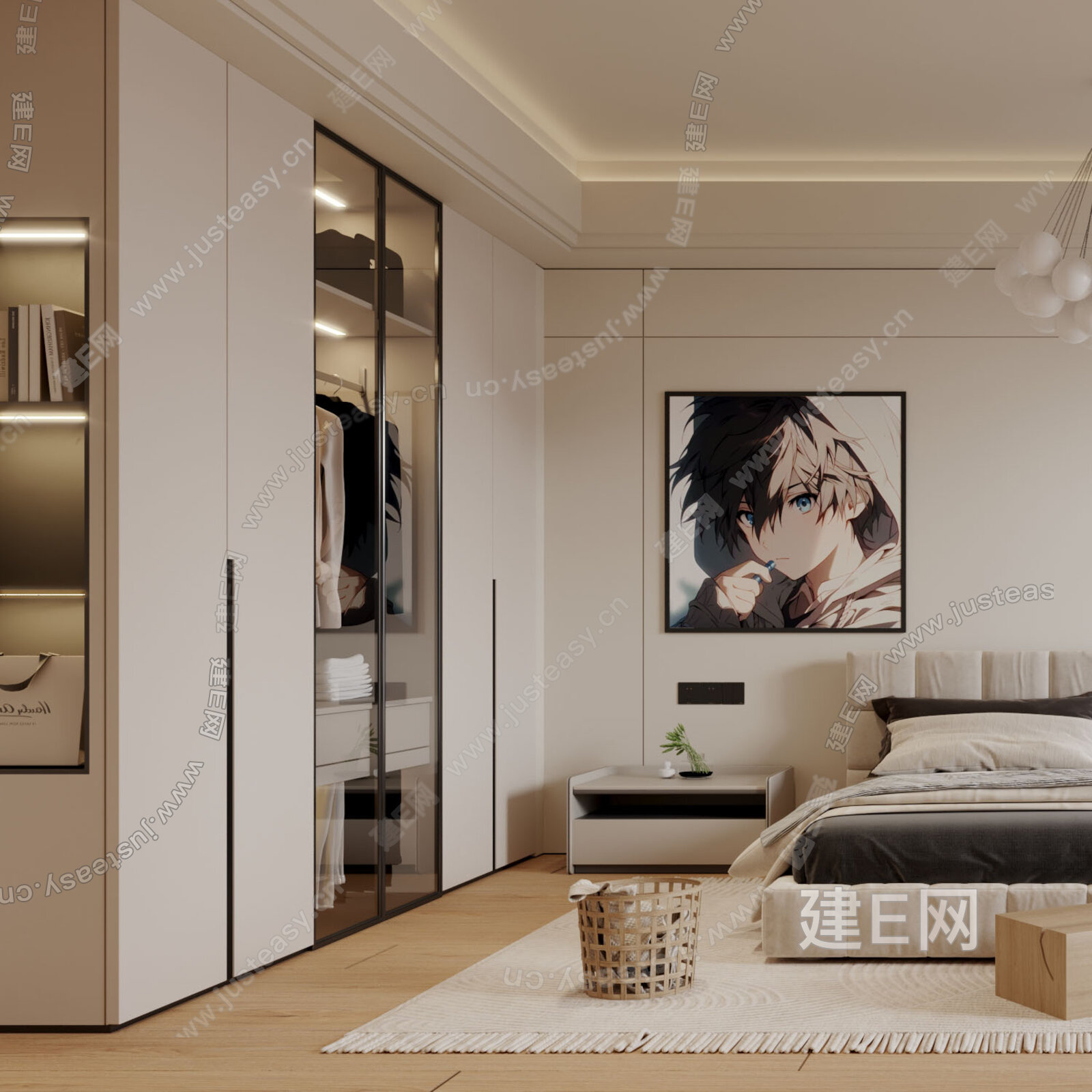 【现代奶油风卧室3d模型】建e网_现代奶油风卧室3d模型下载[ID:110254383]_打造3d现代奶油风卧室模型免费下载平台