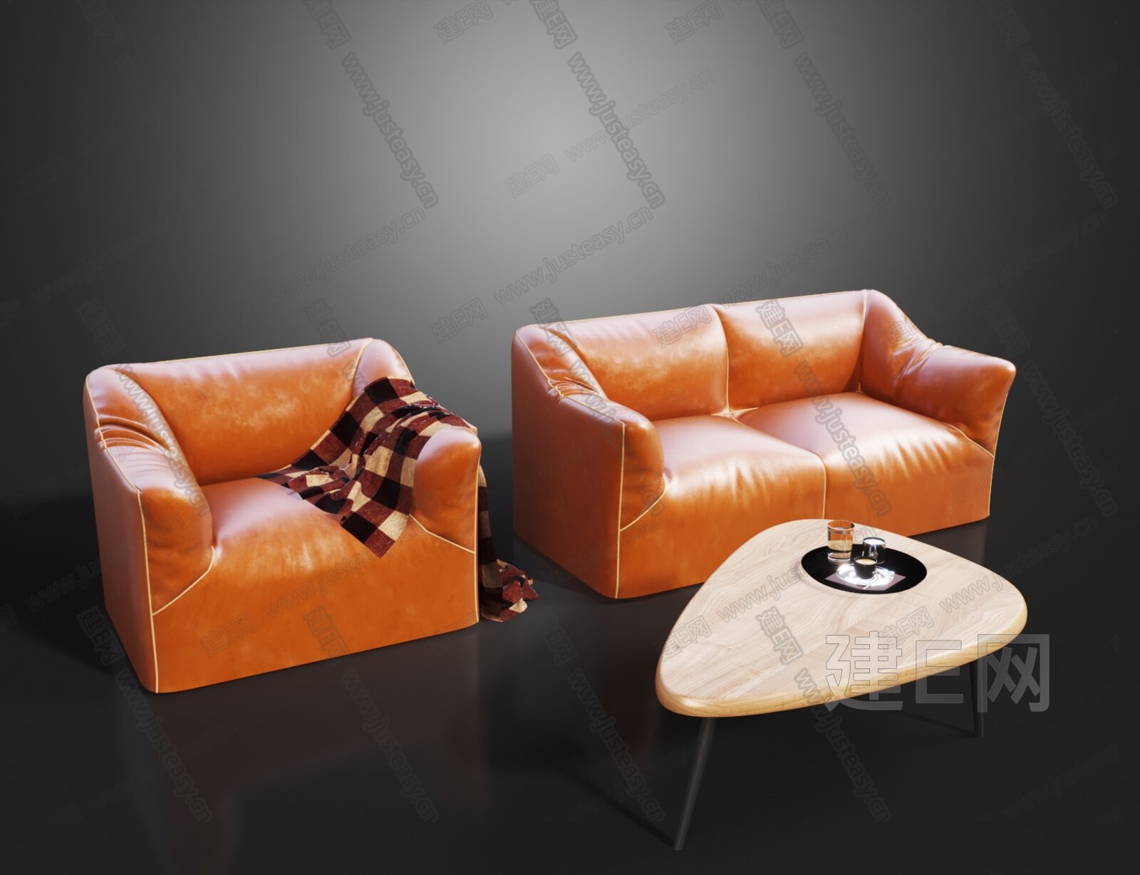 现代橙色皮质转角多人沙发3d模型下载_模型ID:78741-让提网