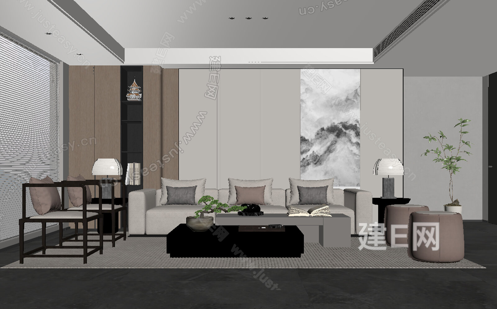 新中式风格家居客厅 模型SU模型下载[ID:104026491]_建E室内设计网