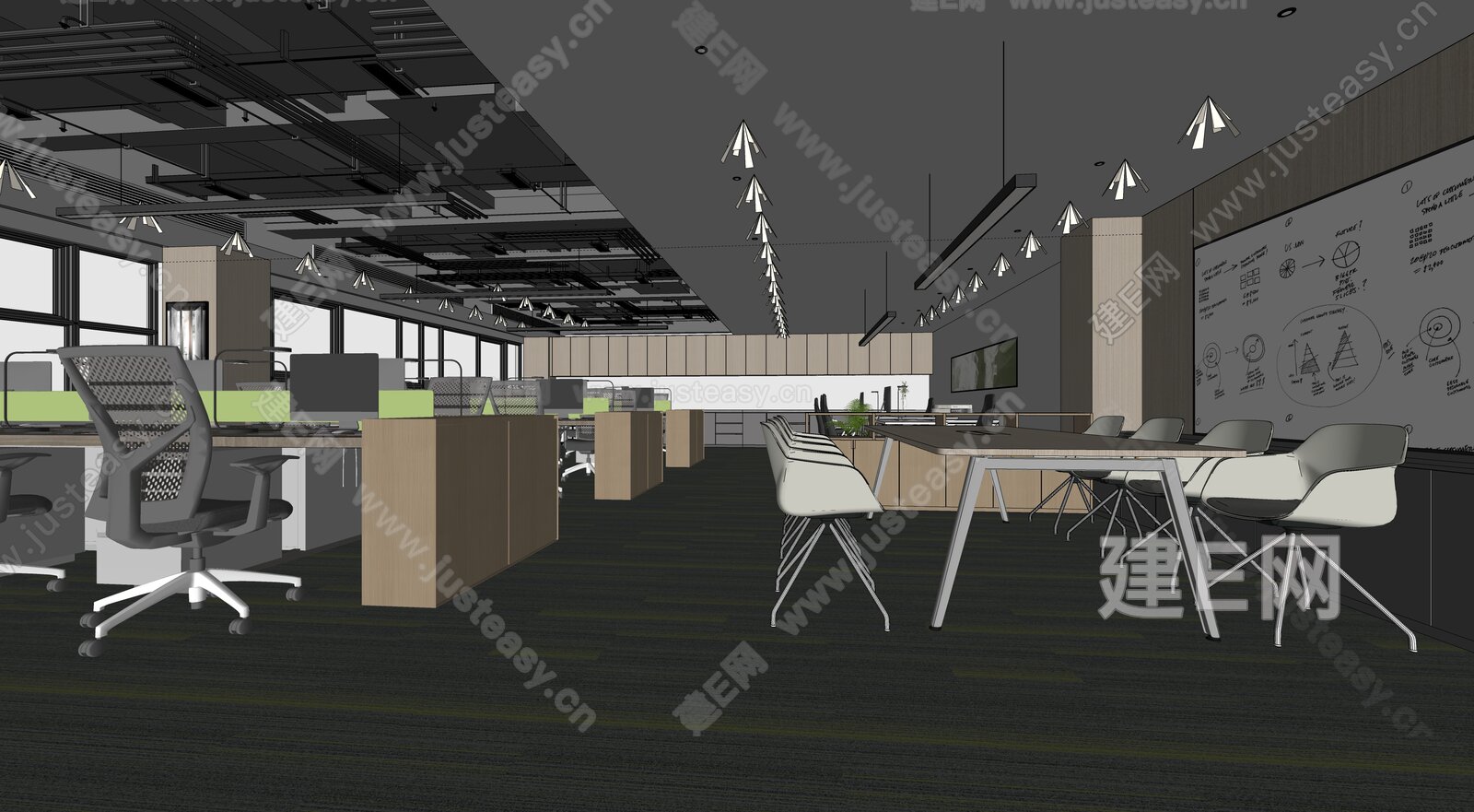 现代开放办公区模型SU模型下载[ID:104747428]_建e网su模型