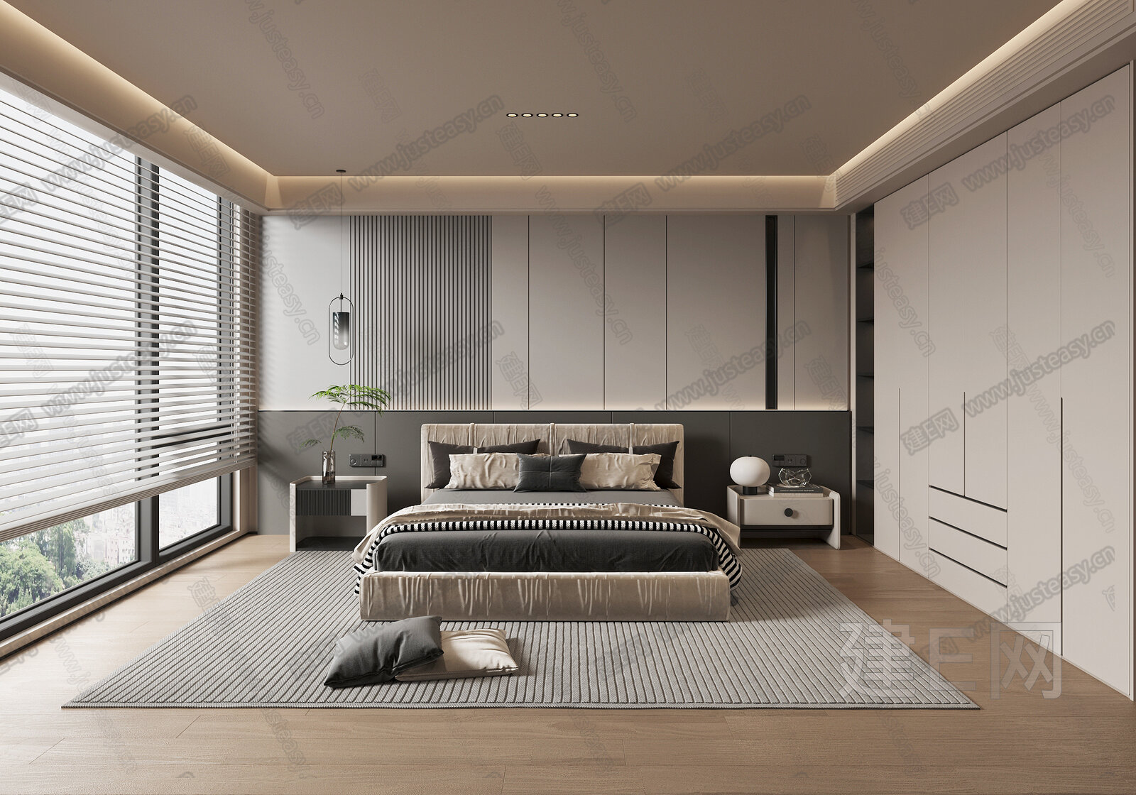 现代奶油风卧室模型SU模型下载[ID:113398221]_建e网su模型