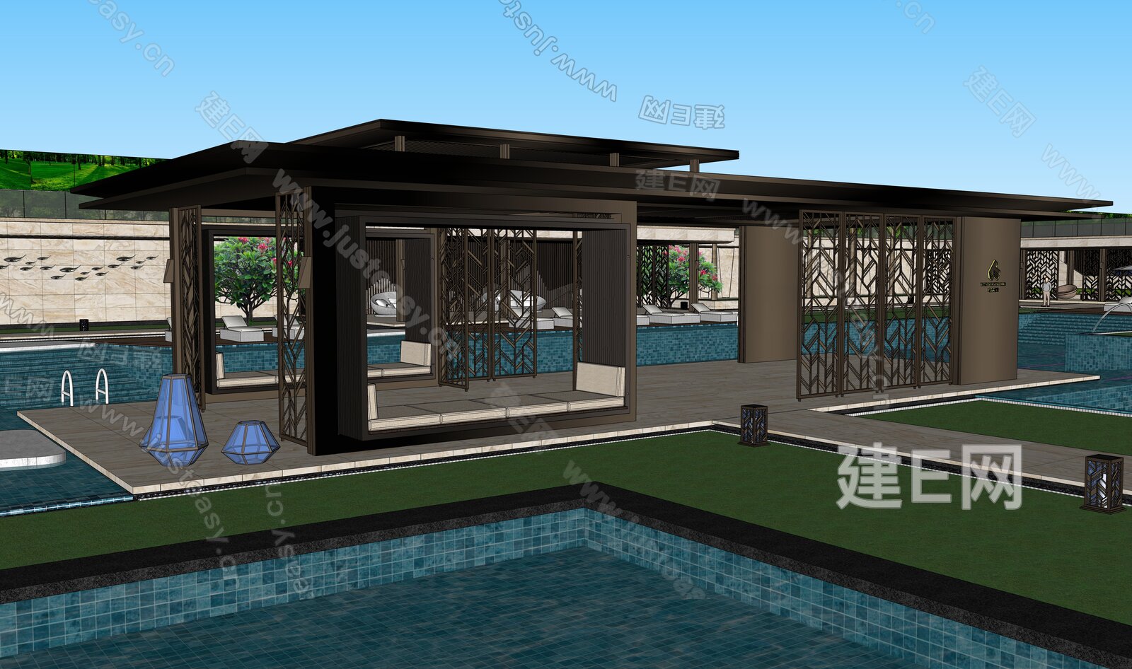新中式景观廊架模型SU模型下载[ID:113398087]_建E室内设计网