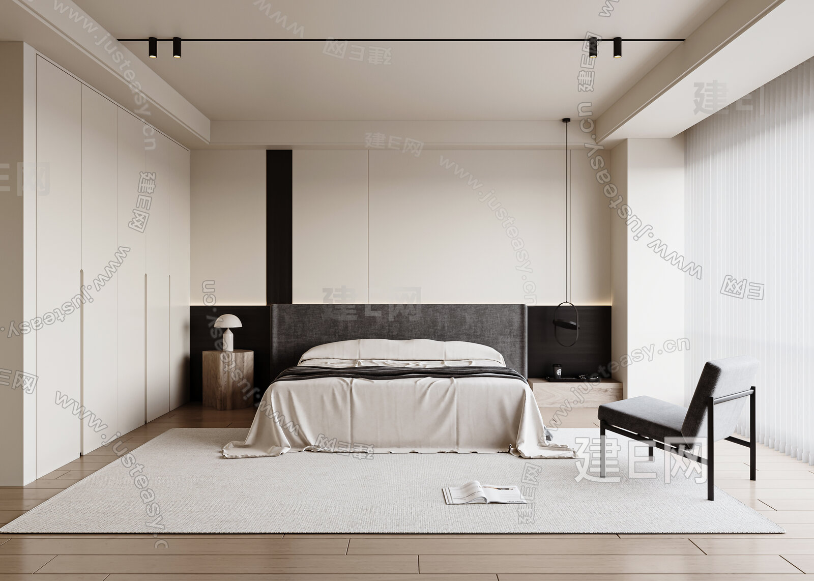 现代奶油风卧室模型SU模型下载[ID:114577686]_建e网su模型