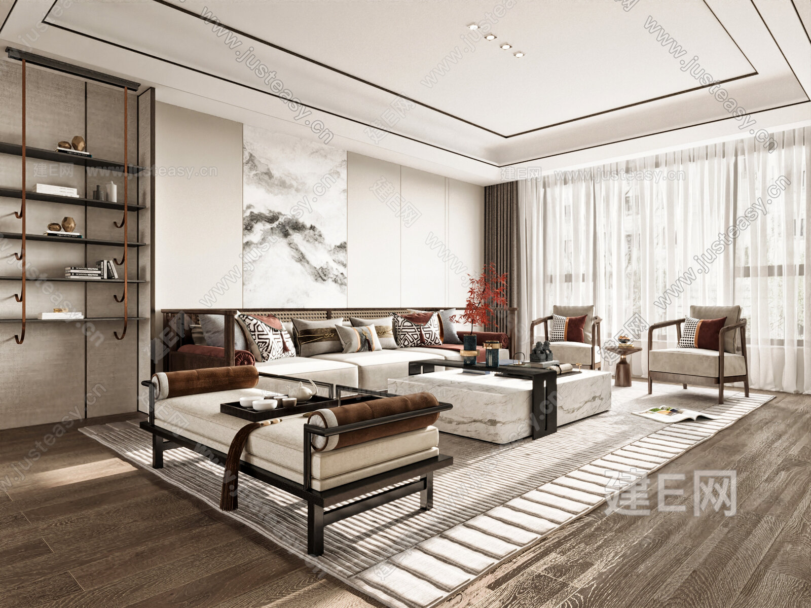 【新中式客厅3d模型】建e网_新中式客厅3d模型下载[ID:106191021]_打造3d新中式客厅模型免费下载平台