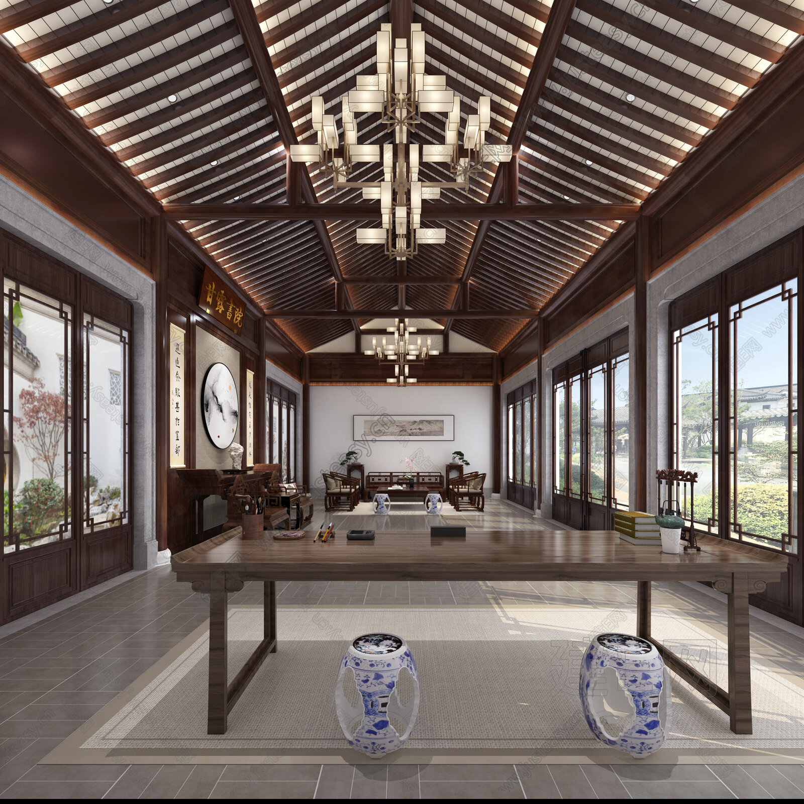 新中式会客大厅模型SU模型下载[ID:115036623]_建e网su模型
