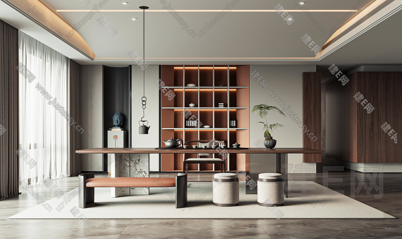 新中式茶室模型SU模型下载[ID:117199168]_建E室内设计网