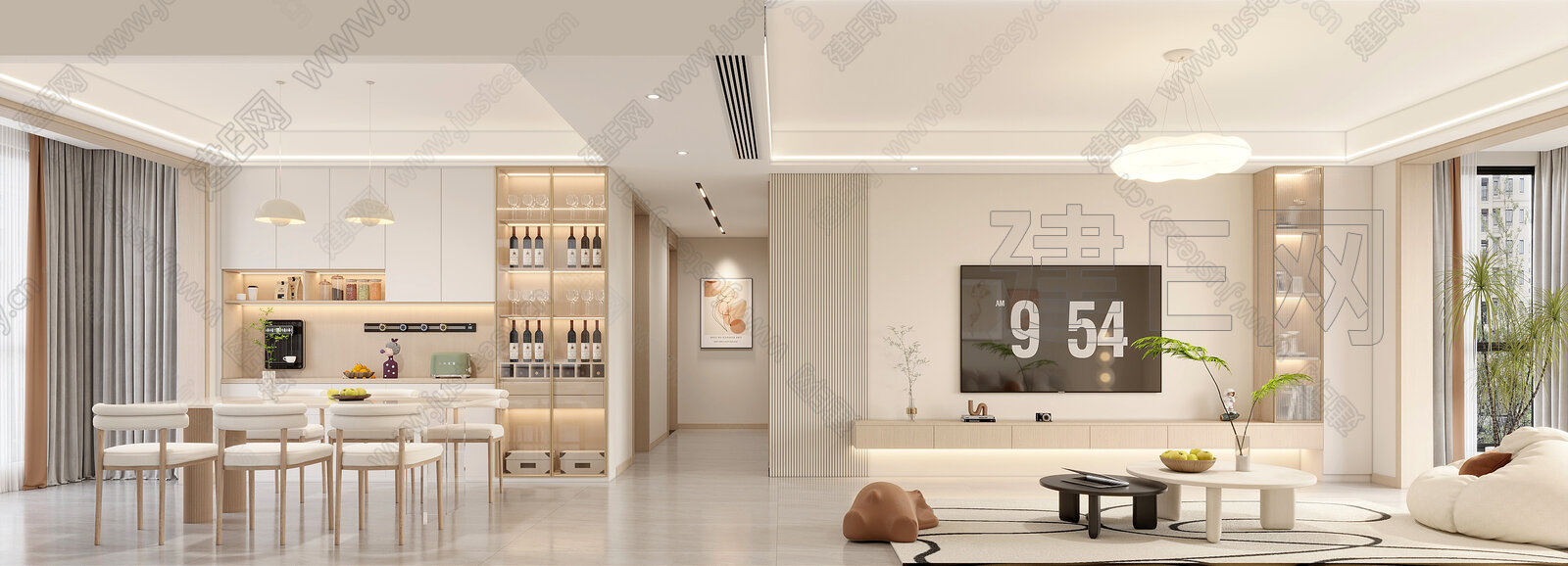 现代奶油风客餐厅模型SU模型下载[ID:116740479]_建E室内设计网