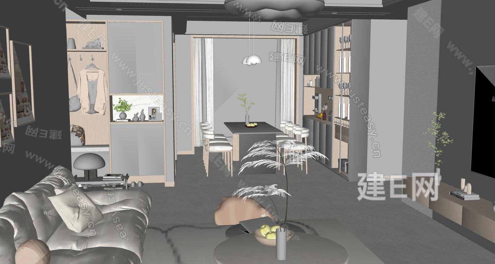 现代奶油风客餐厅模型SU模型下载[ID:116740479]_建E室内设计网